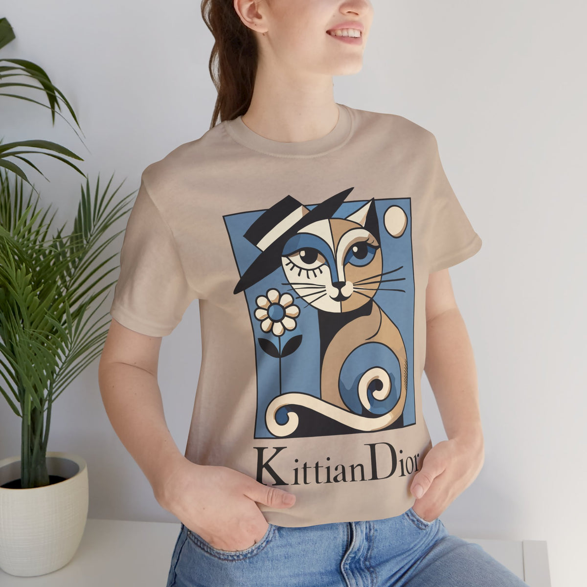 Kittian Dior La Parisienne Art Deco Cat Graphic T-Shirt in tan, worn by a female model