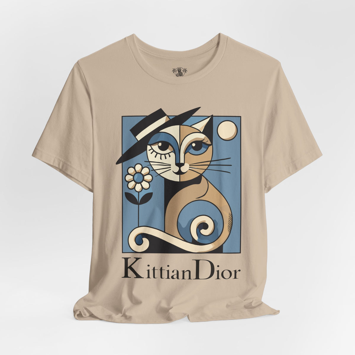 Kittian Dior La Parisienne Art Deco Cat Graphic T-Shirt in tan, flat lay