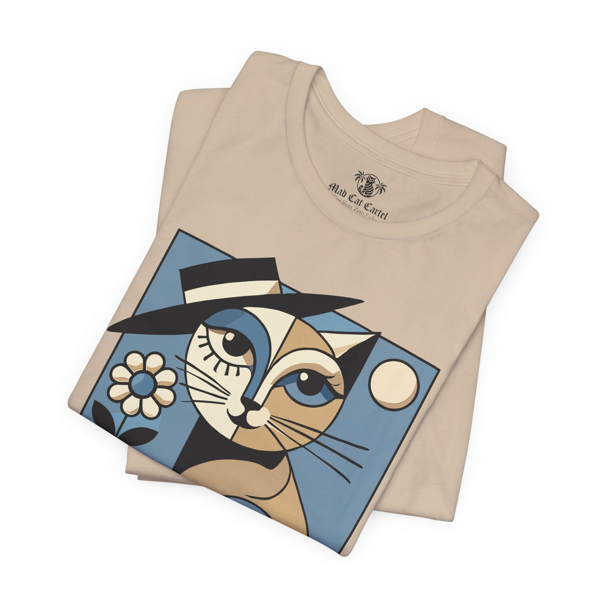 Kittian Dior La Parisienne Art Deco Cat Graphic T-Shirt in tan, folded