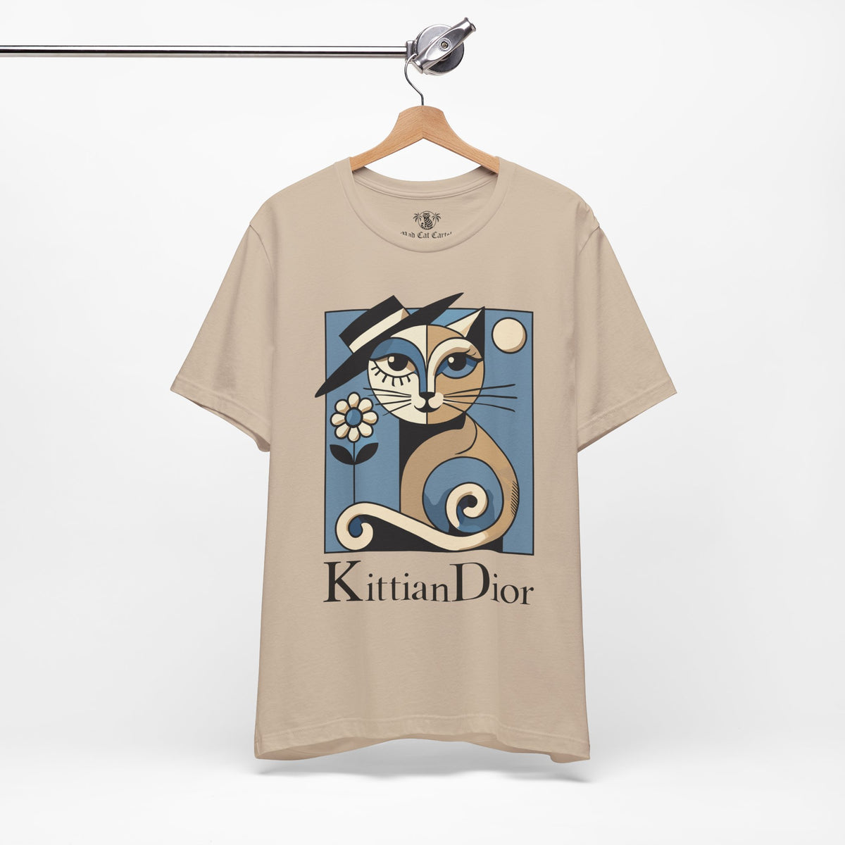Kittian Dior La Parisienne Art Deco Cat Graphic T-Shirt in tan, on a hanger