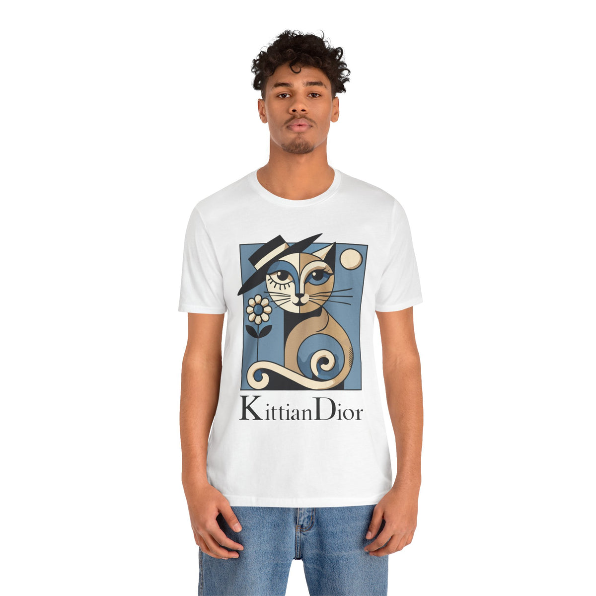Kittian Dior La Parisienne Art Deco Cat Graphic T-Shirt in white, worn by a male model