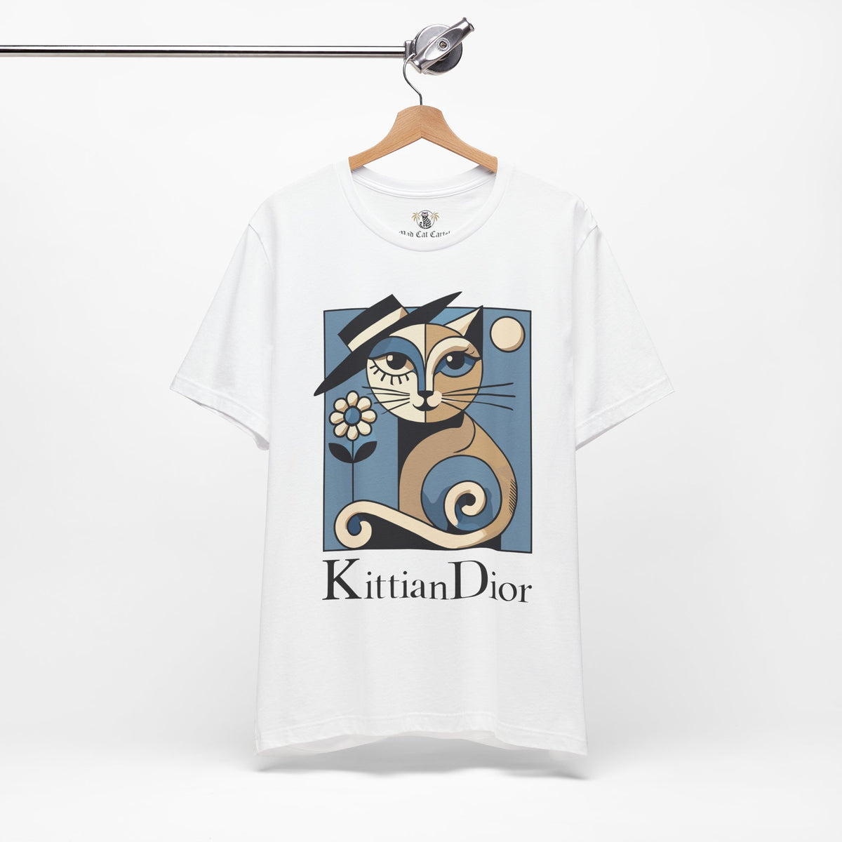 Kittian Dior La Parisienne Art Deco Cat Graphic T-Shirt in white, on a hanger