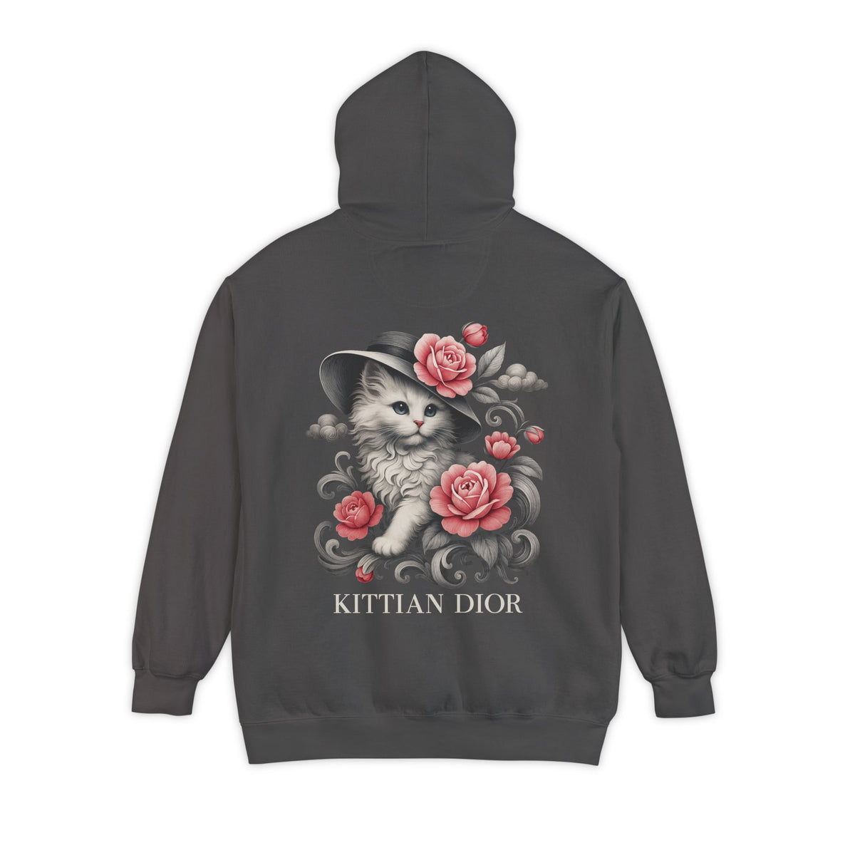 Kittian Dior Rose Reverie Cat Graphic Gray Hoodie in pepper, back view
