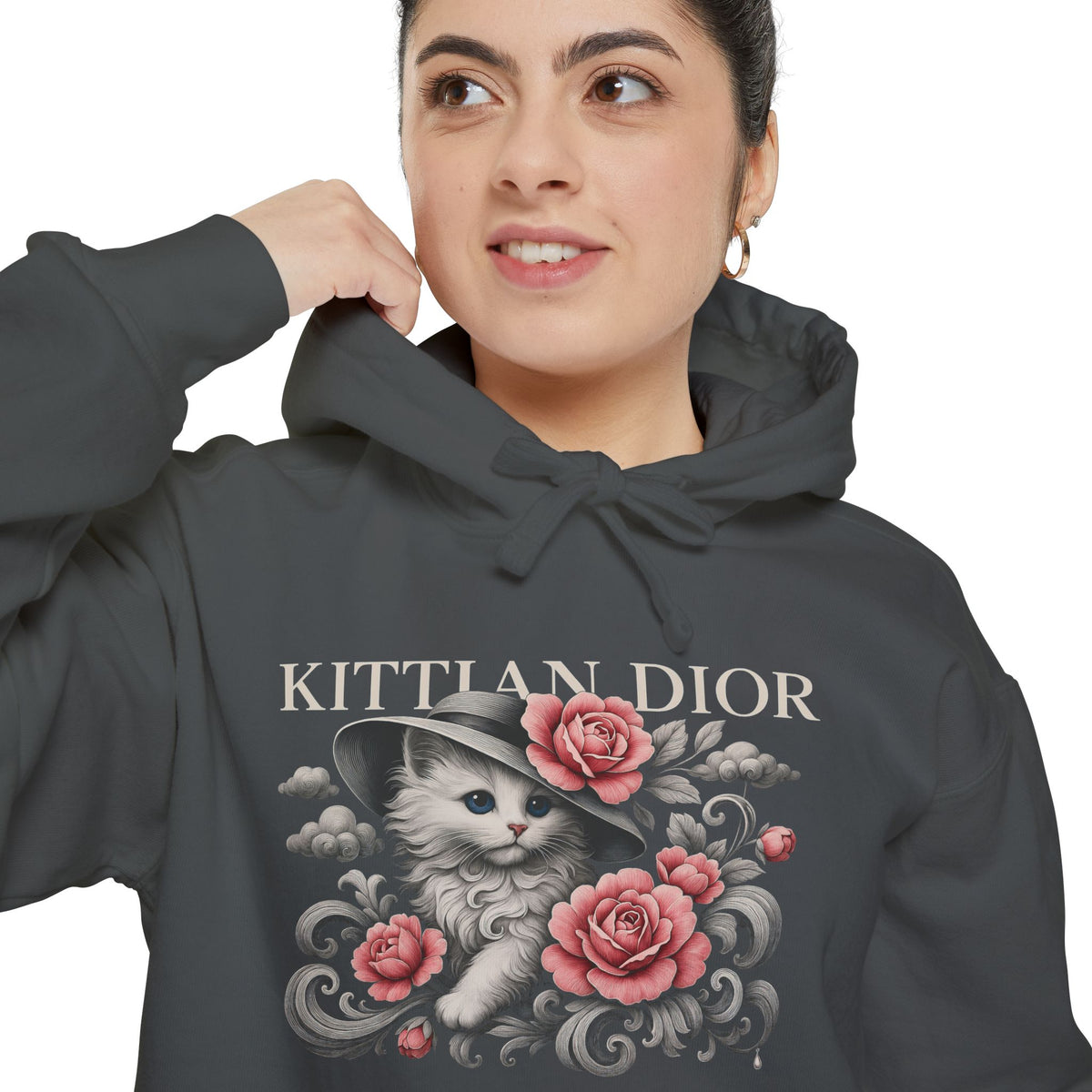 Kittian Dior Rose Reverie Cat Graphic Gray Hoodie in pepper, close-up detail