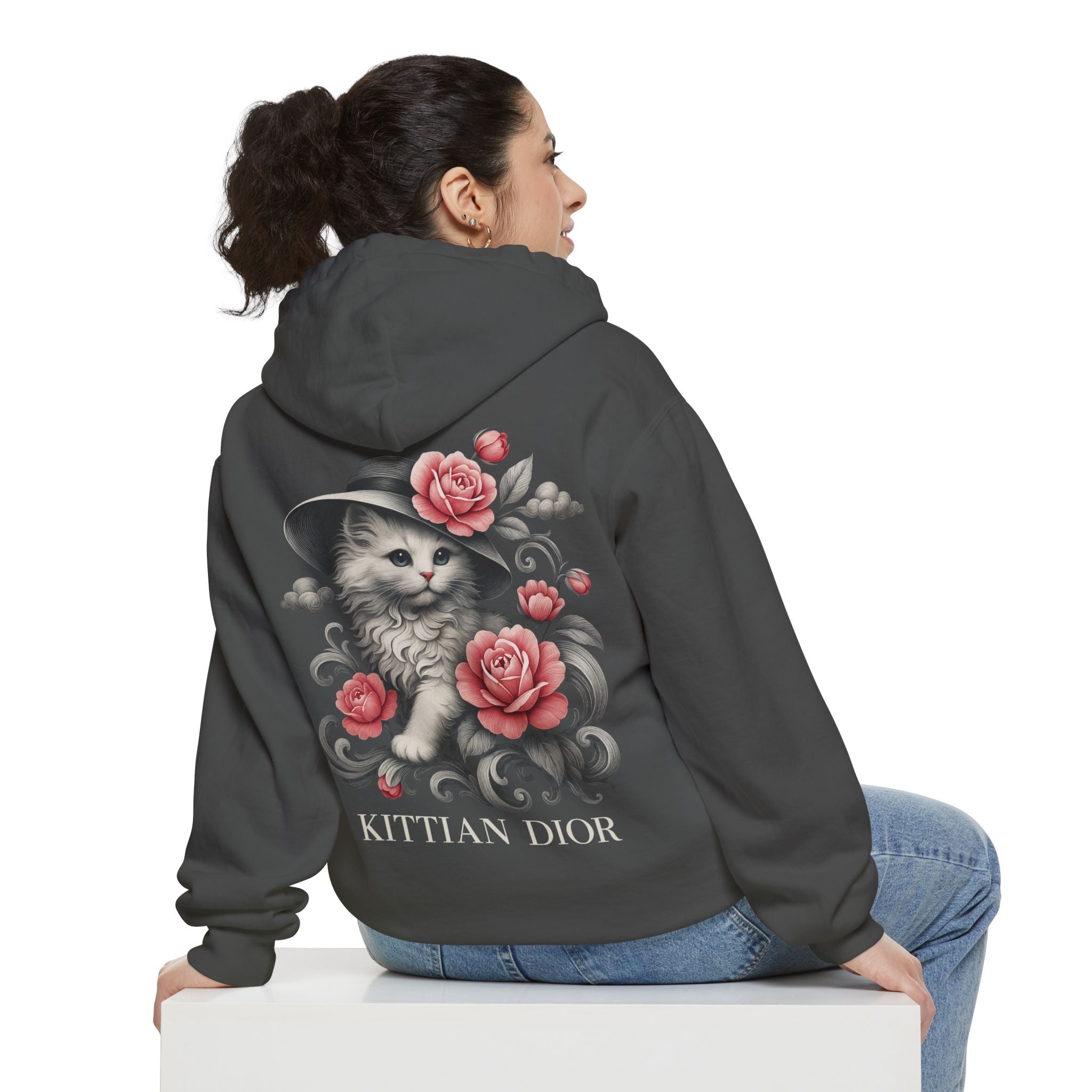 Kittian Dior Rose Reverie Cat Graphic Gray Hoodie in pepper, worn by a female model