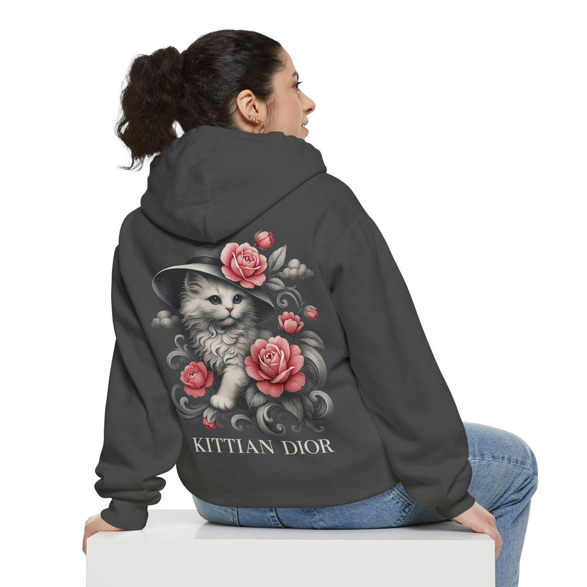 Kittian Dior Rose Reverie Cat Graphic Gray Hoodie in pepper, worn by a female model