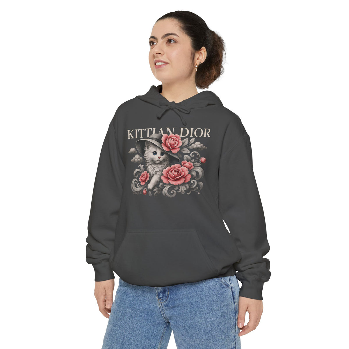 Kittian Dior Rose Reverie Cat Graphic Gray Hoodie in pepper, worn by a female model