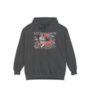 Kittian Dior Rose Reverie Cat Graphic Gray Hoodie in pepper, front view