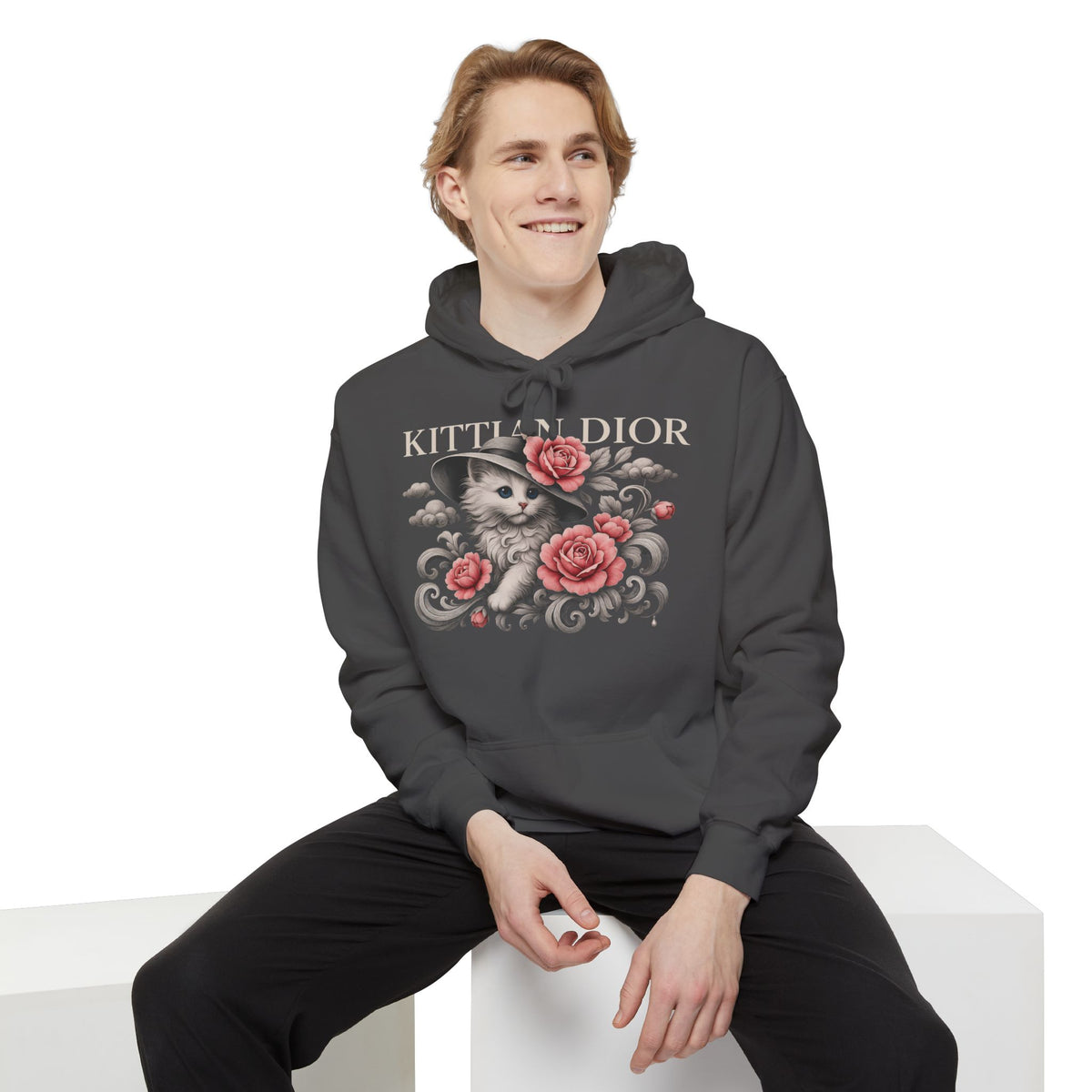 Kittian Dior Rose Reverie Cat Graphic Gray Hoodie in pepper, worn by a male model