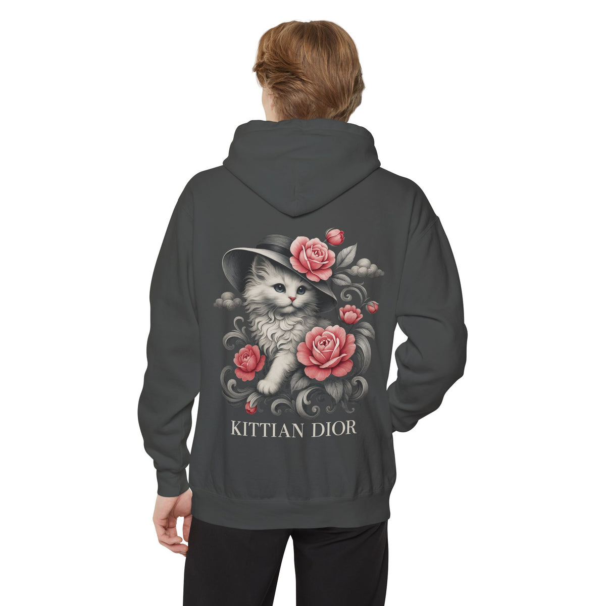 Kittian Dior Rose Reverie Cat Graphic Gray Hoodie in pepper, back view on a male model