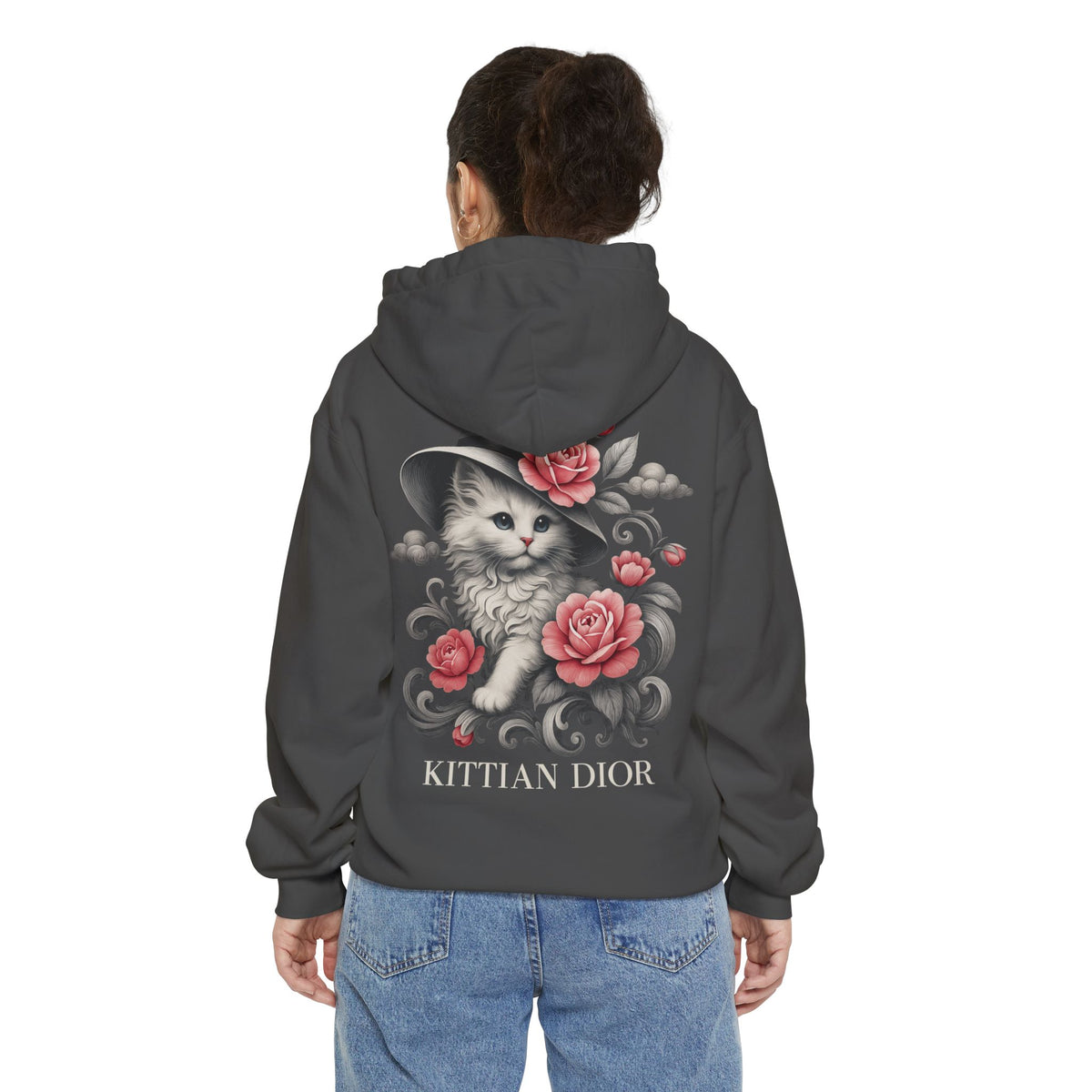 Kittian Dior Rose Reverie Cat Graphic Gray Hoodie in pepper, back view on a male model
