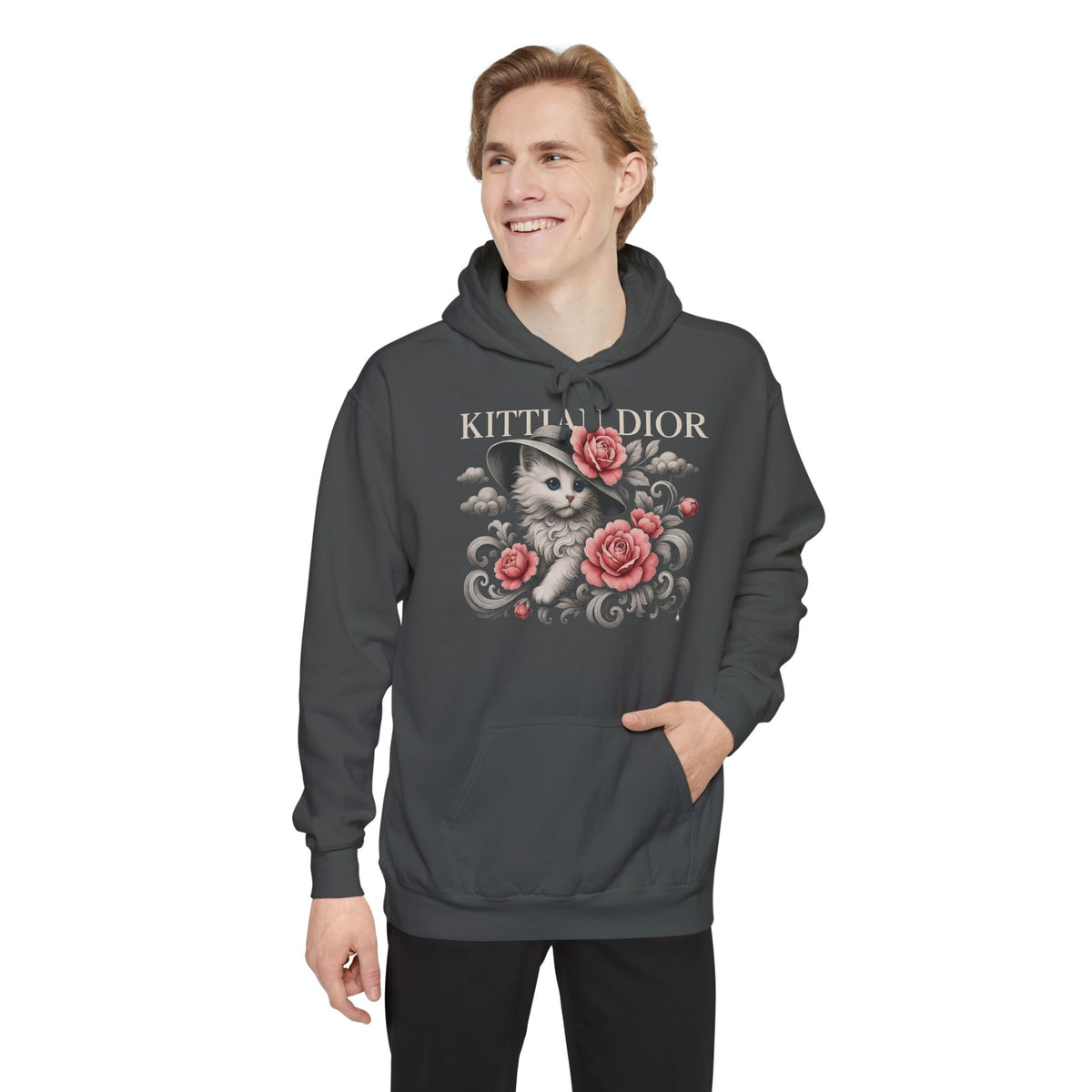Kittian Dior Rose Reverie Cat Graphic Gray Hoodie in pepper, worn by a male model