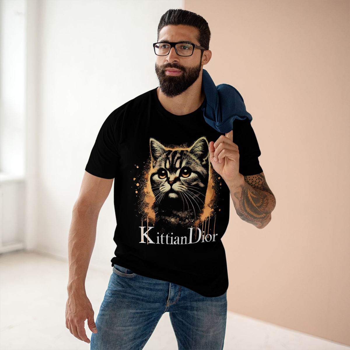 Kittian Dior Royal Spray Cat Graphic Black T-Shirt, worn by a male model