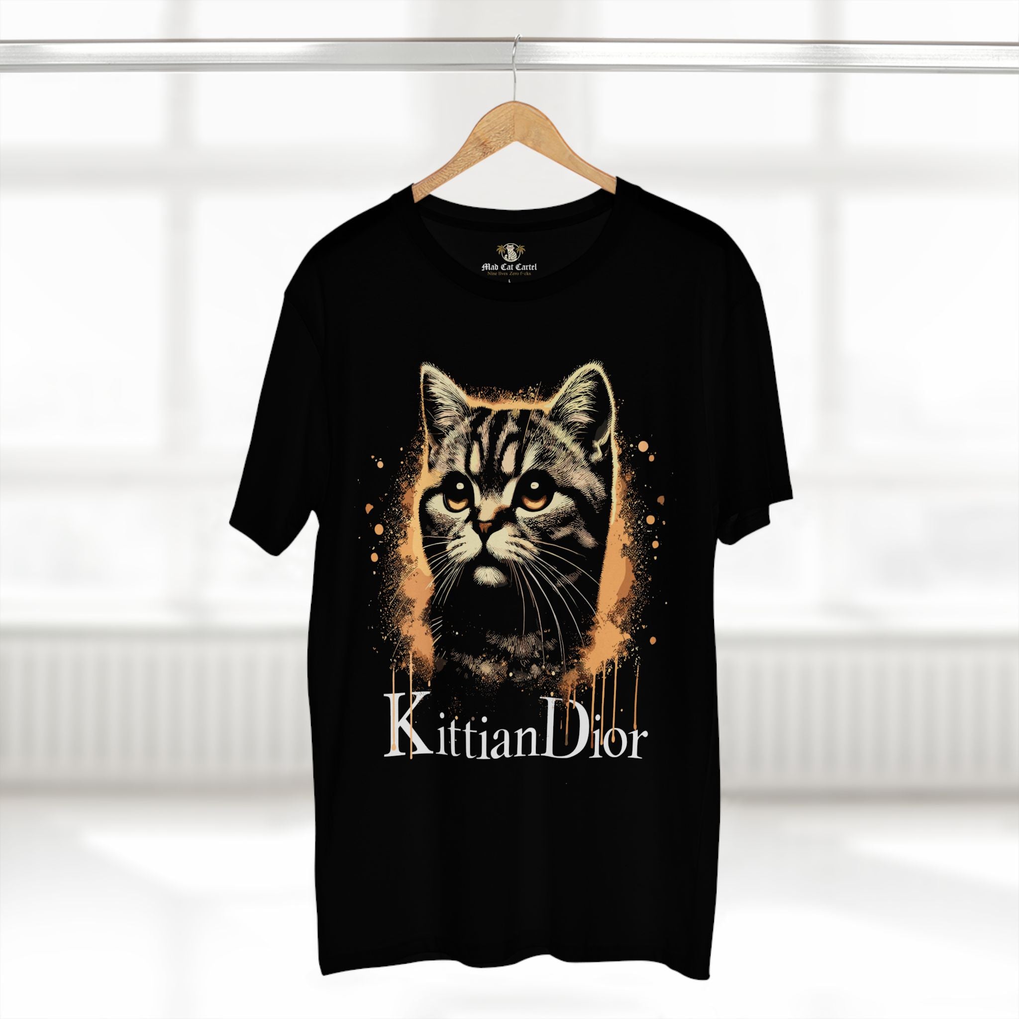 Kittian Dior Royal Spray Cat Graphic Black T-Shirt, on a hanger