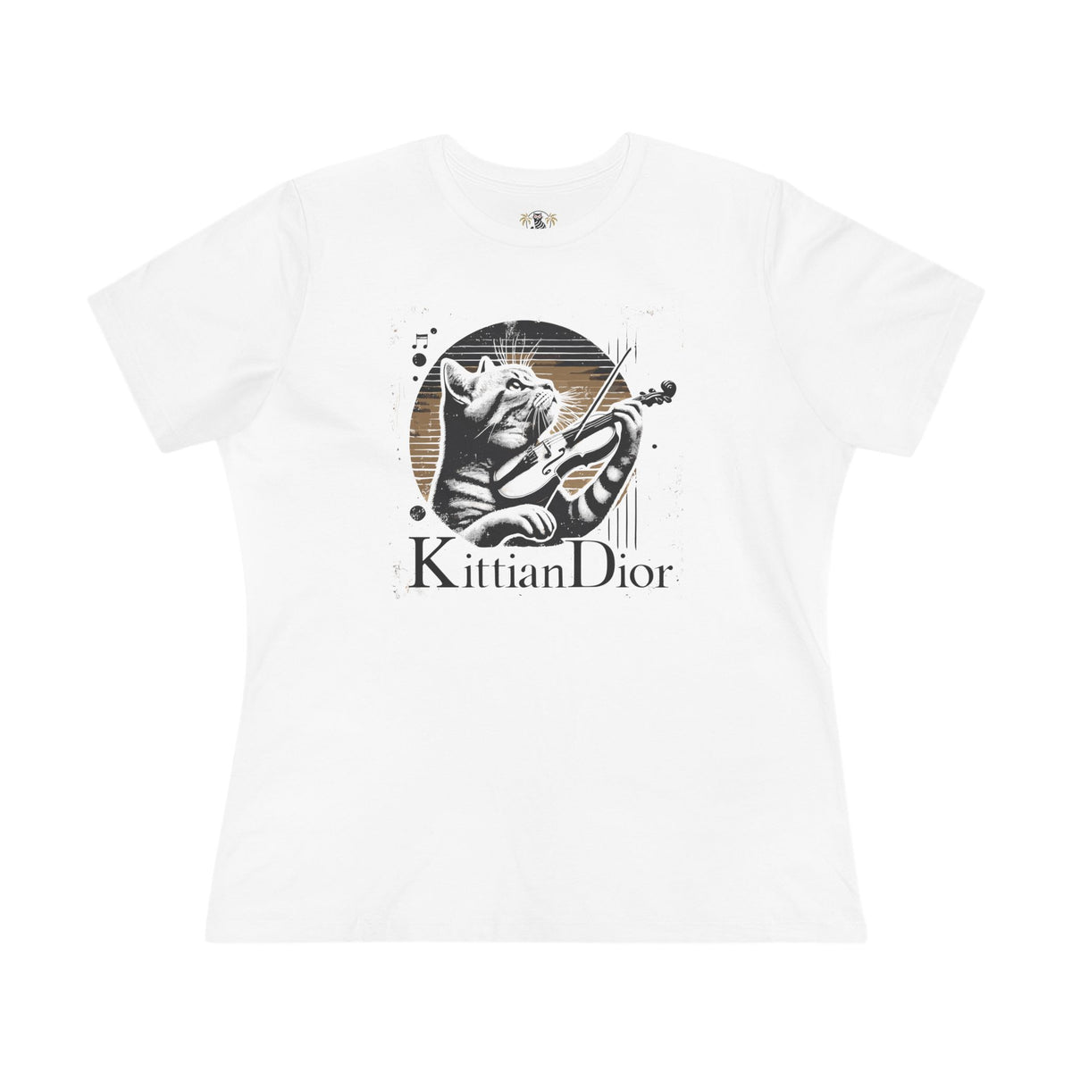 Kittian Dior Violin Cat Graphic White T-Shirt Women's, front view