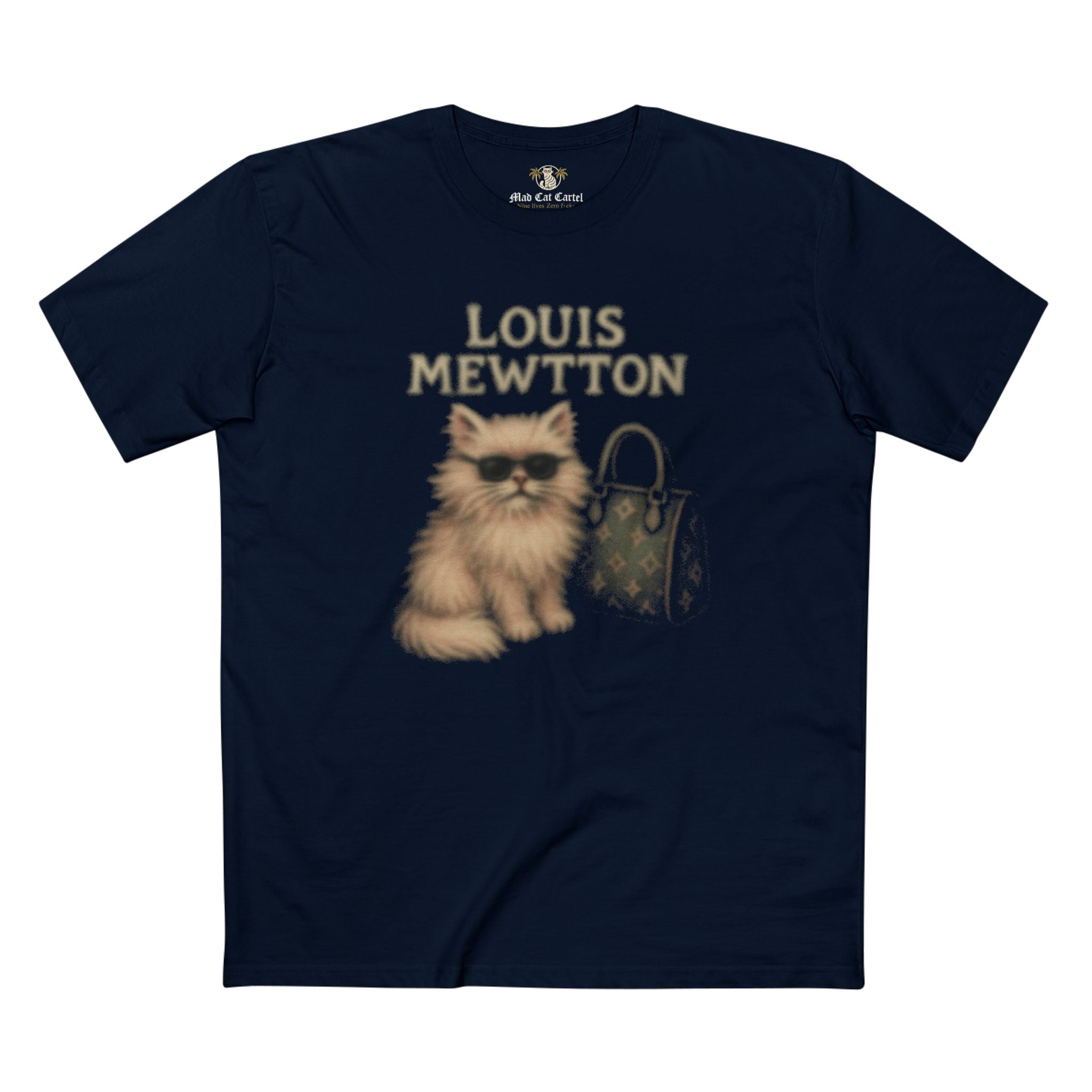 Louis Mewtton Airbrush Cat Graphic Black T-Shirt in navy, front view