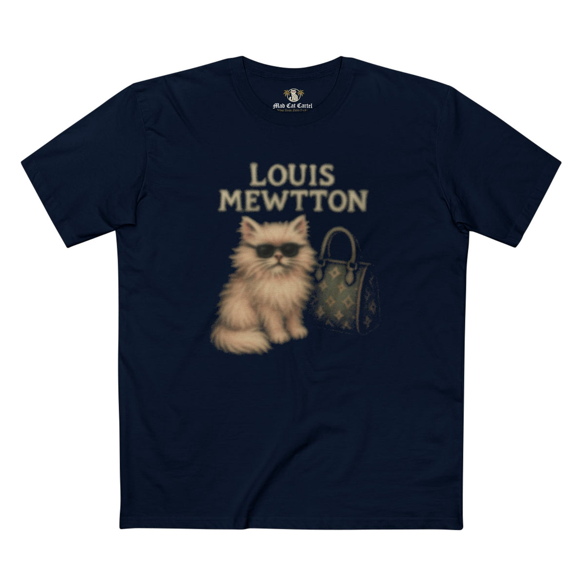Louis Mewtton Airbrush Cat Graphic Black T-Shirt in navy, front view
