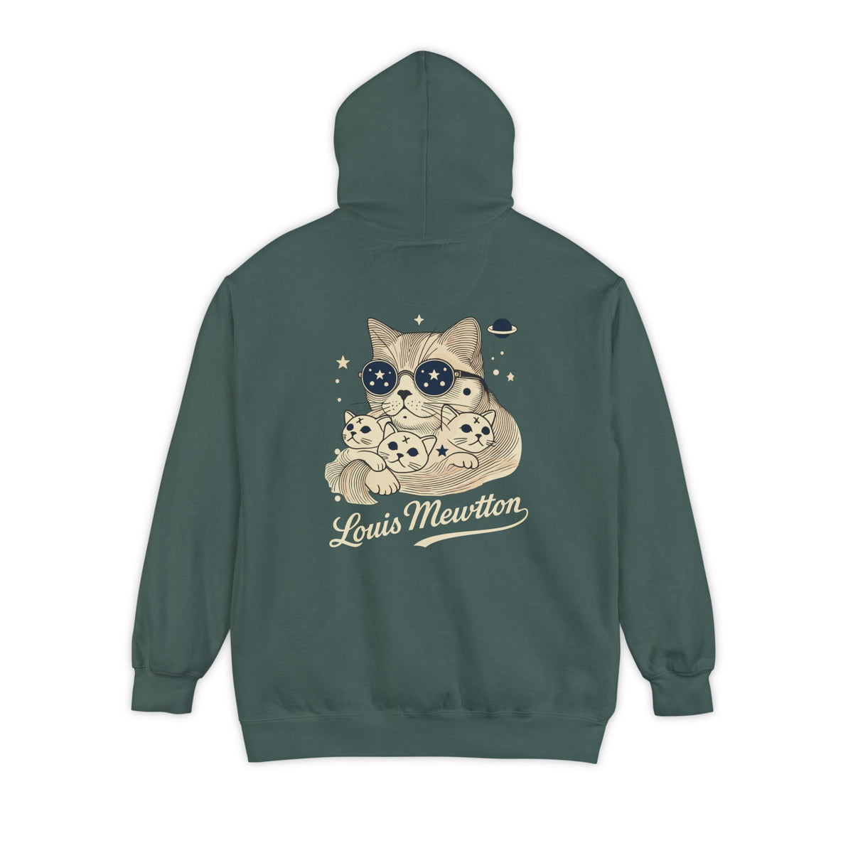 Louis Mewtton Chest Logo Galactic Fam Cat Graphic Hoodie in blue spruce, back view