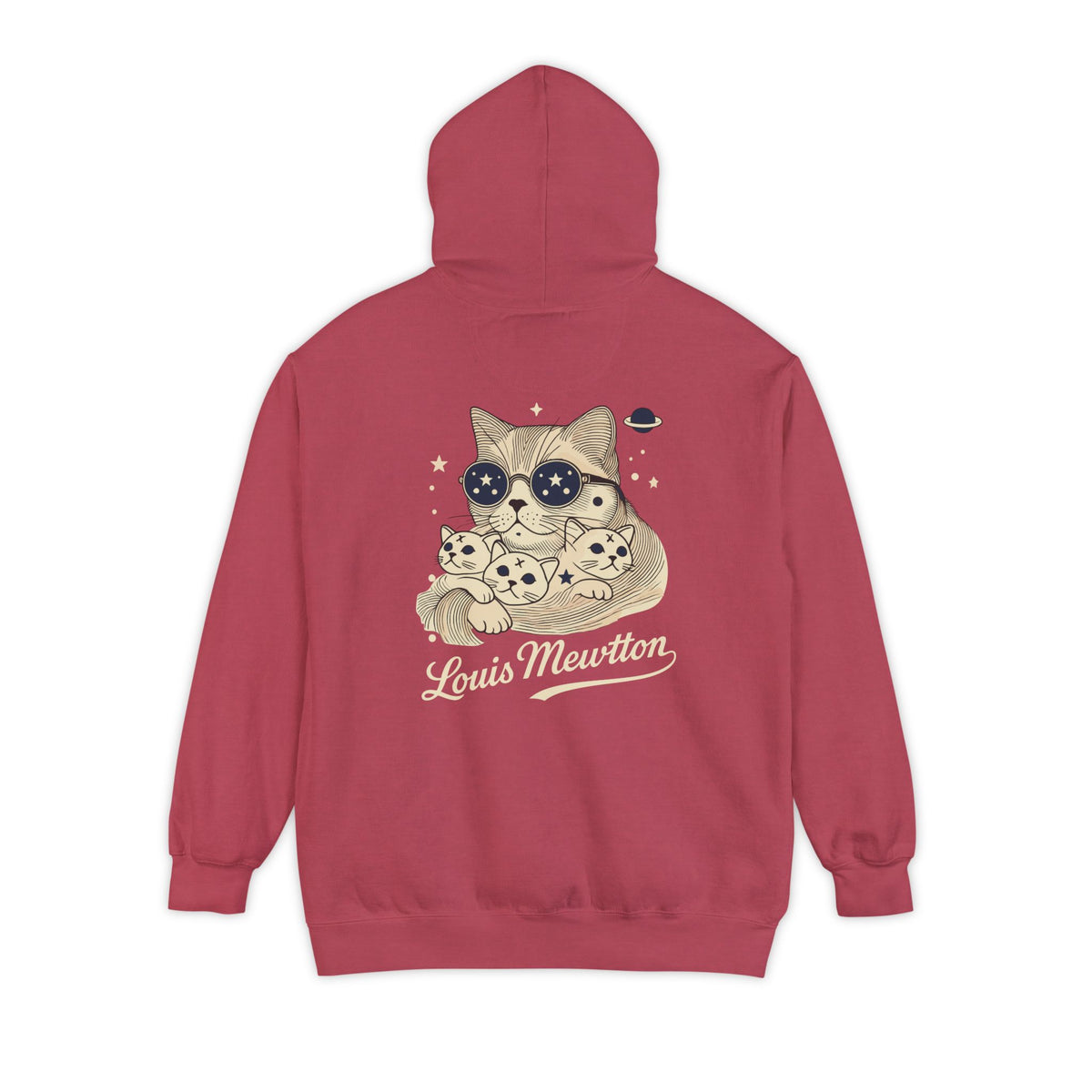 Louis Mewtton Chest Logo Galactic Fam Cat Graphic Hoodie in crimson, back view