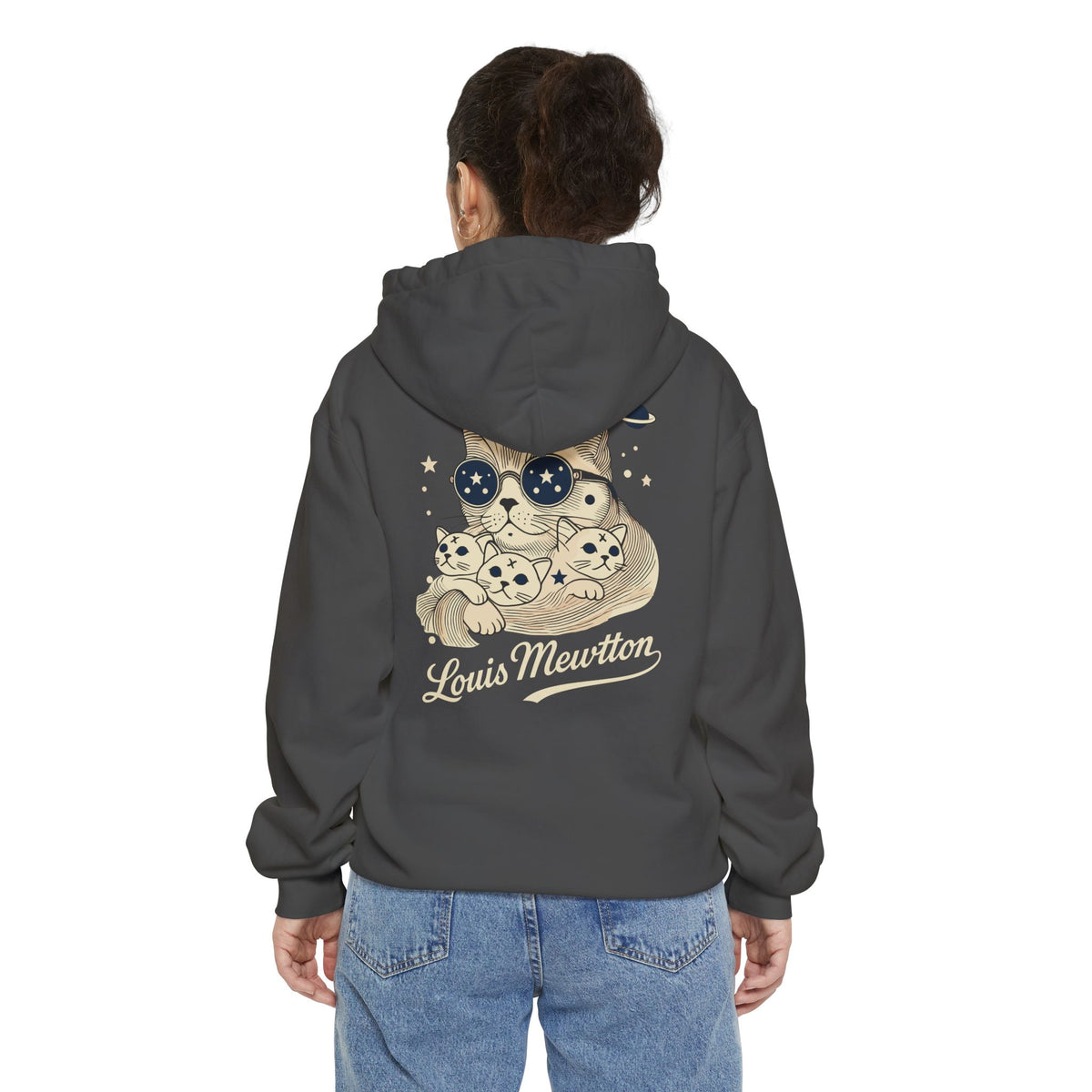 Louis Mewtton Chest Logo Galactic Fam Cat Graphic Hoodie in pepper, back view on a female model