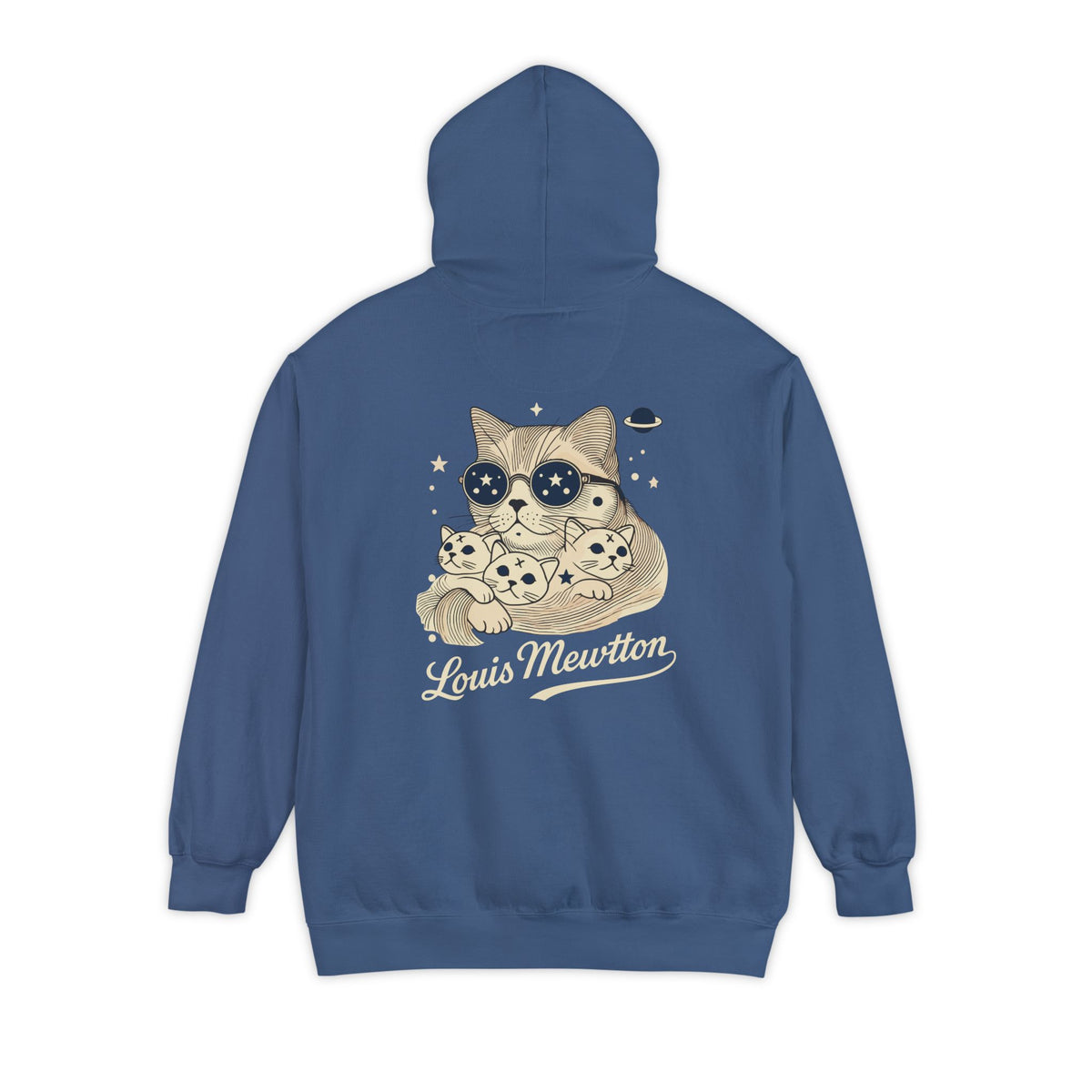 Louis Mewtton Chest Logo Galactic Fam Cat Graphic Hoodie in true navy, back view