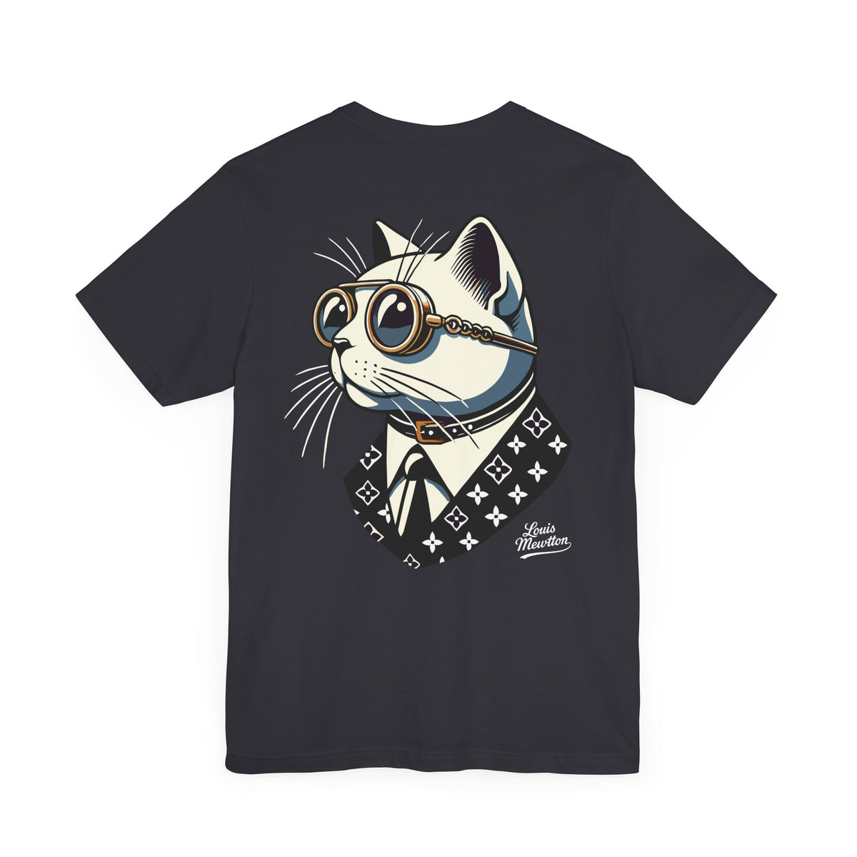 Louis Mewtton Chief Executive Cat Graphic T-Shirt in dark grey, back view