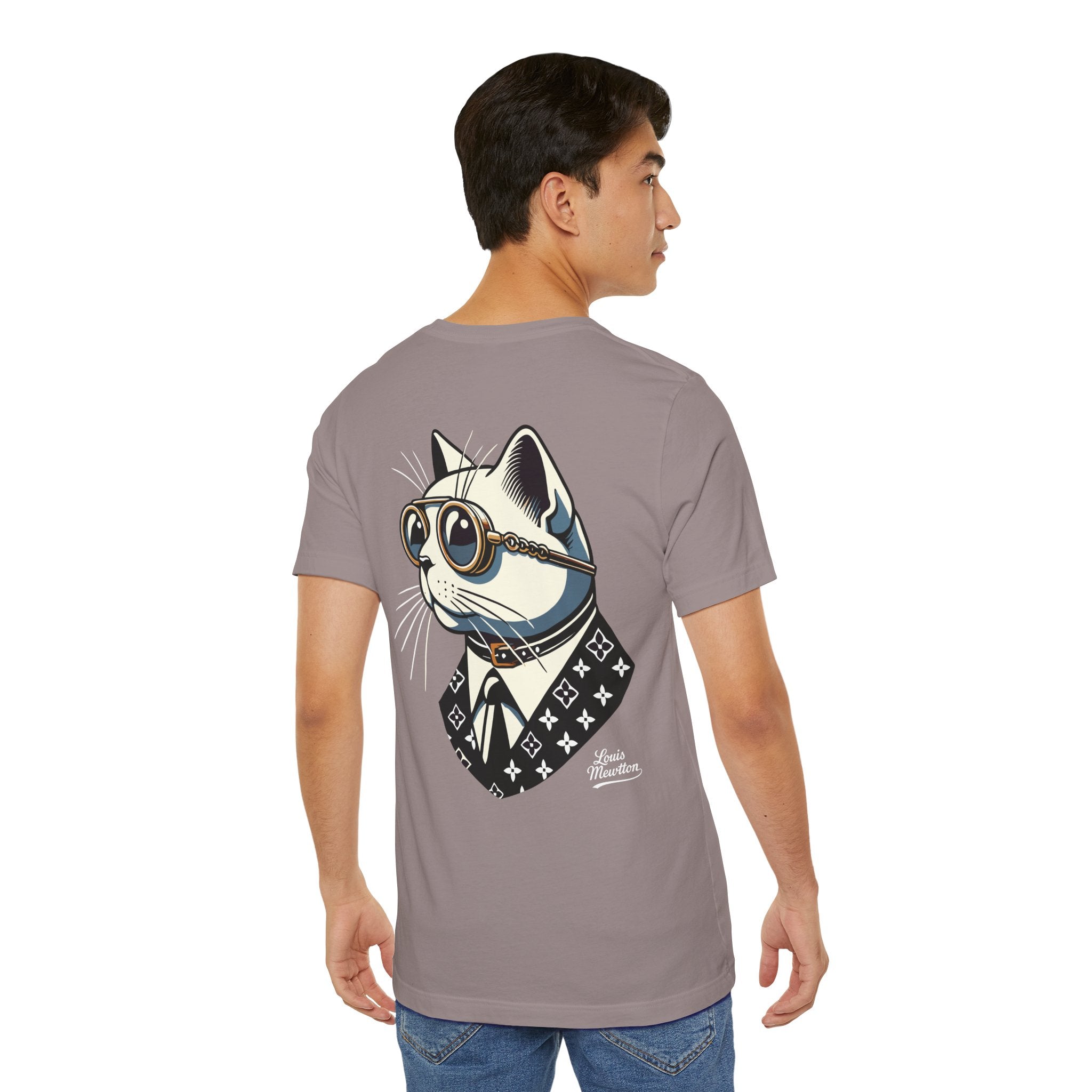 Louis Mewtton Chief Executive Cat Graphic T-Shirt in pebble brown, back view on a male model