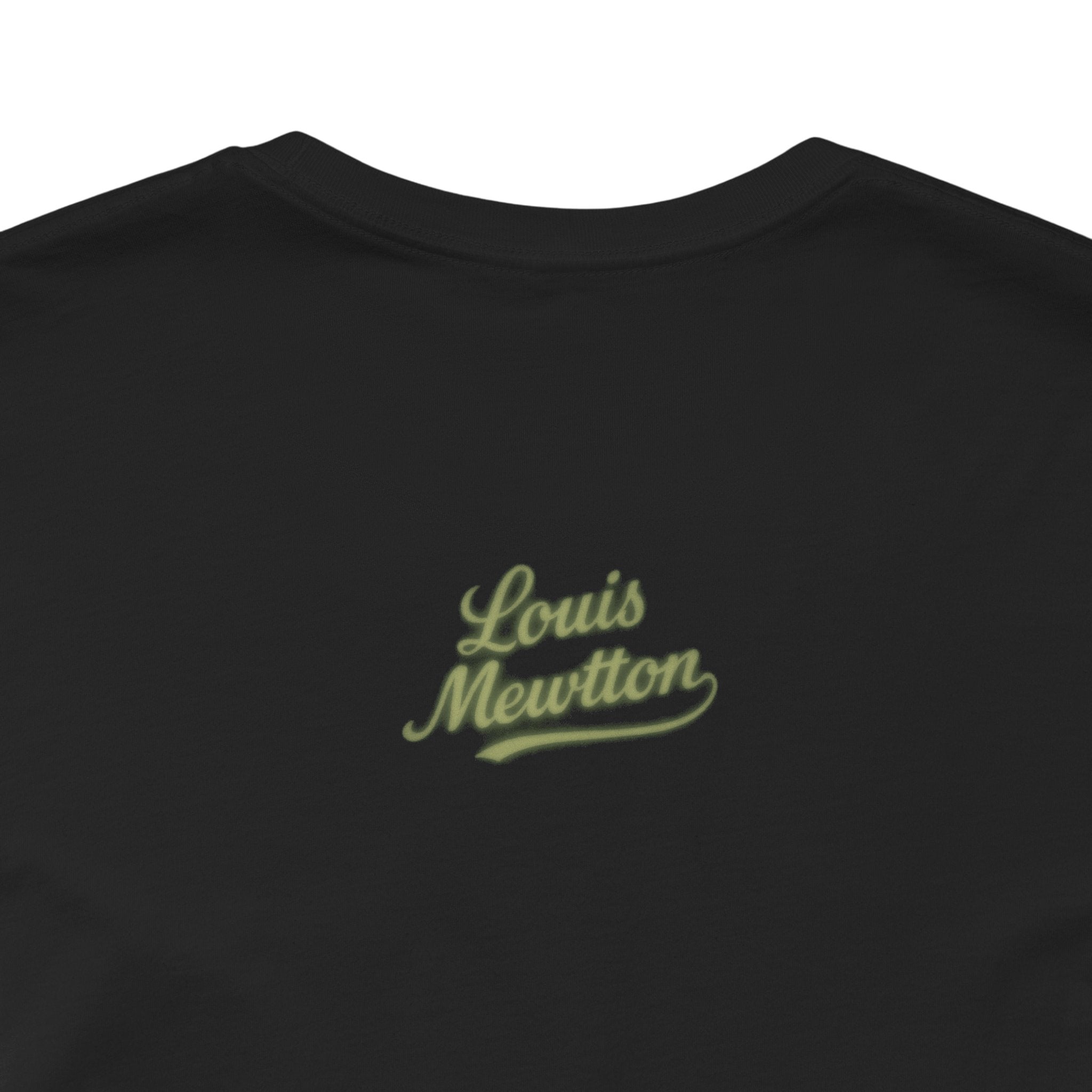 Louis Mewtton Dark Mode Cat in Glasses Graphic Black T-Shirt, close-up of the back print