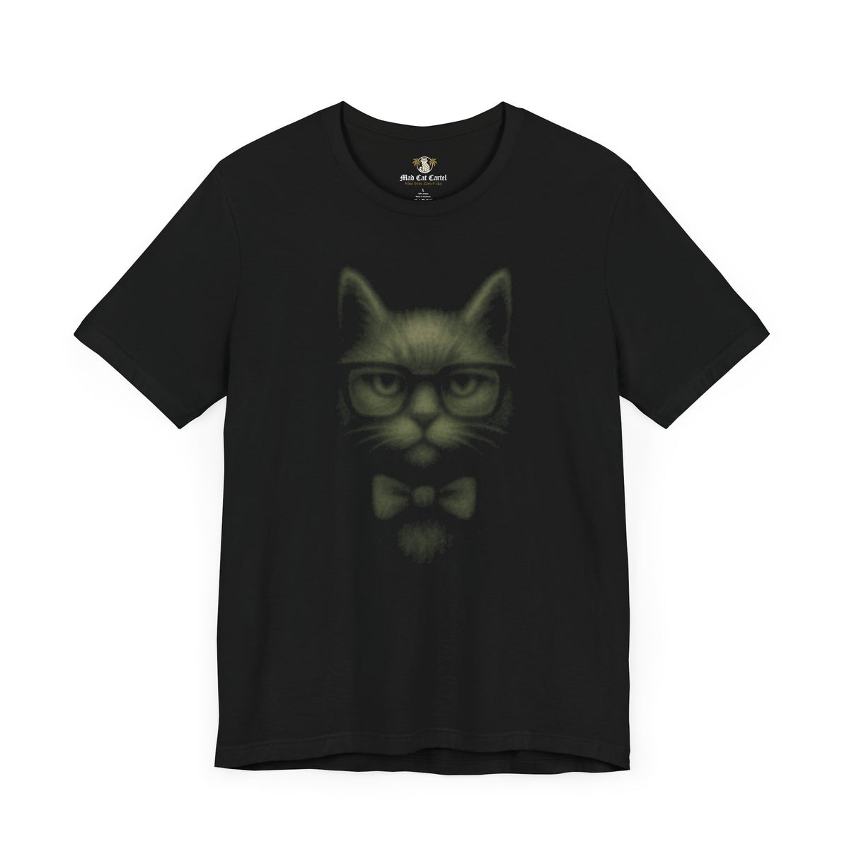 Louis Mewtton Dark Mode Cat in Glasses Graphic Black T-Shirt, flat lay