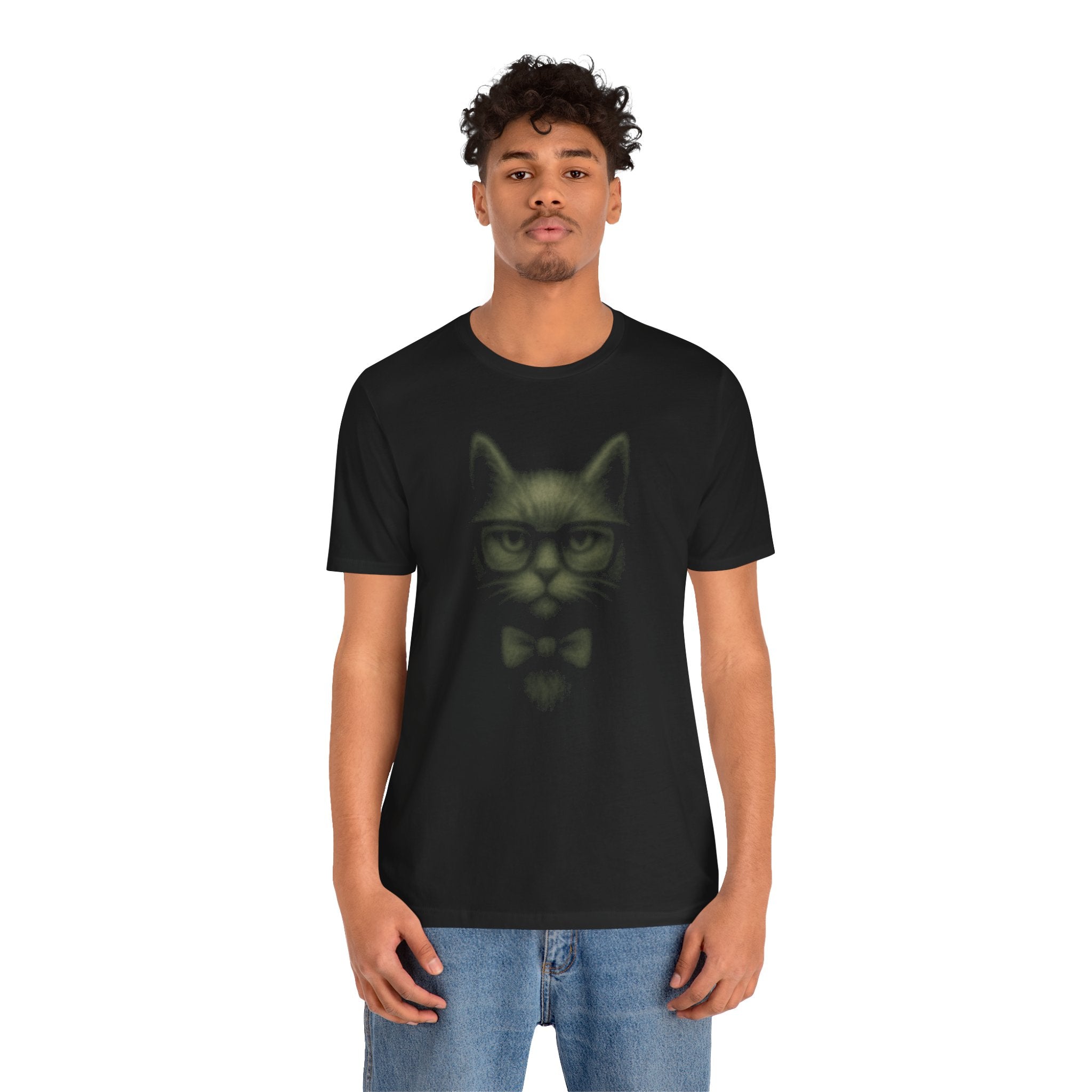 Louis Mewtton Dark Mode Cat in Glasses Graphic Black T-Shirt, worn by a male model