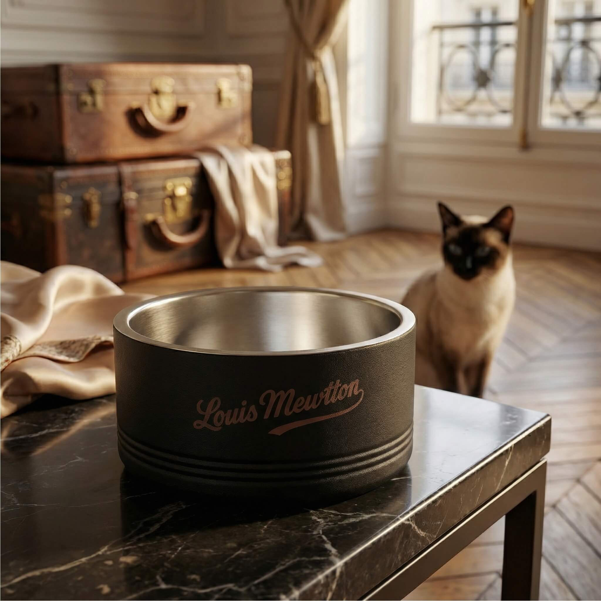 Louis Mewtton cat feeding bowl on a marble surface with a cat in the background