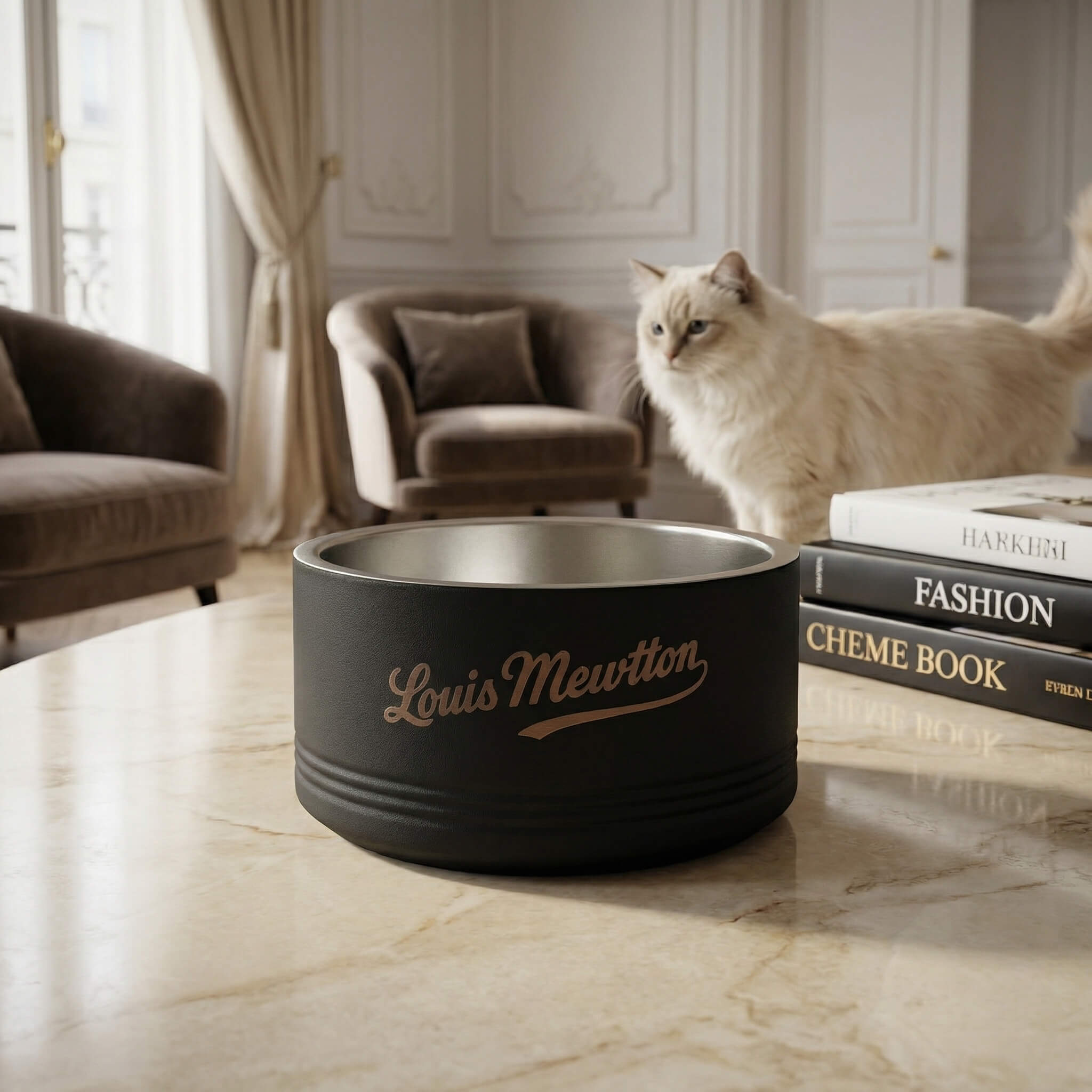 Designer cat bowl on a marble table with a cat and books in a luxurious room