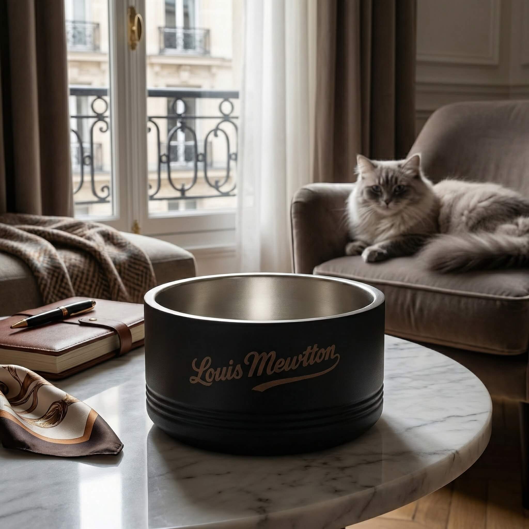 Designer pet bowl on a marble table with a cat in the background