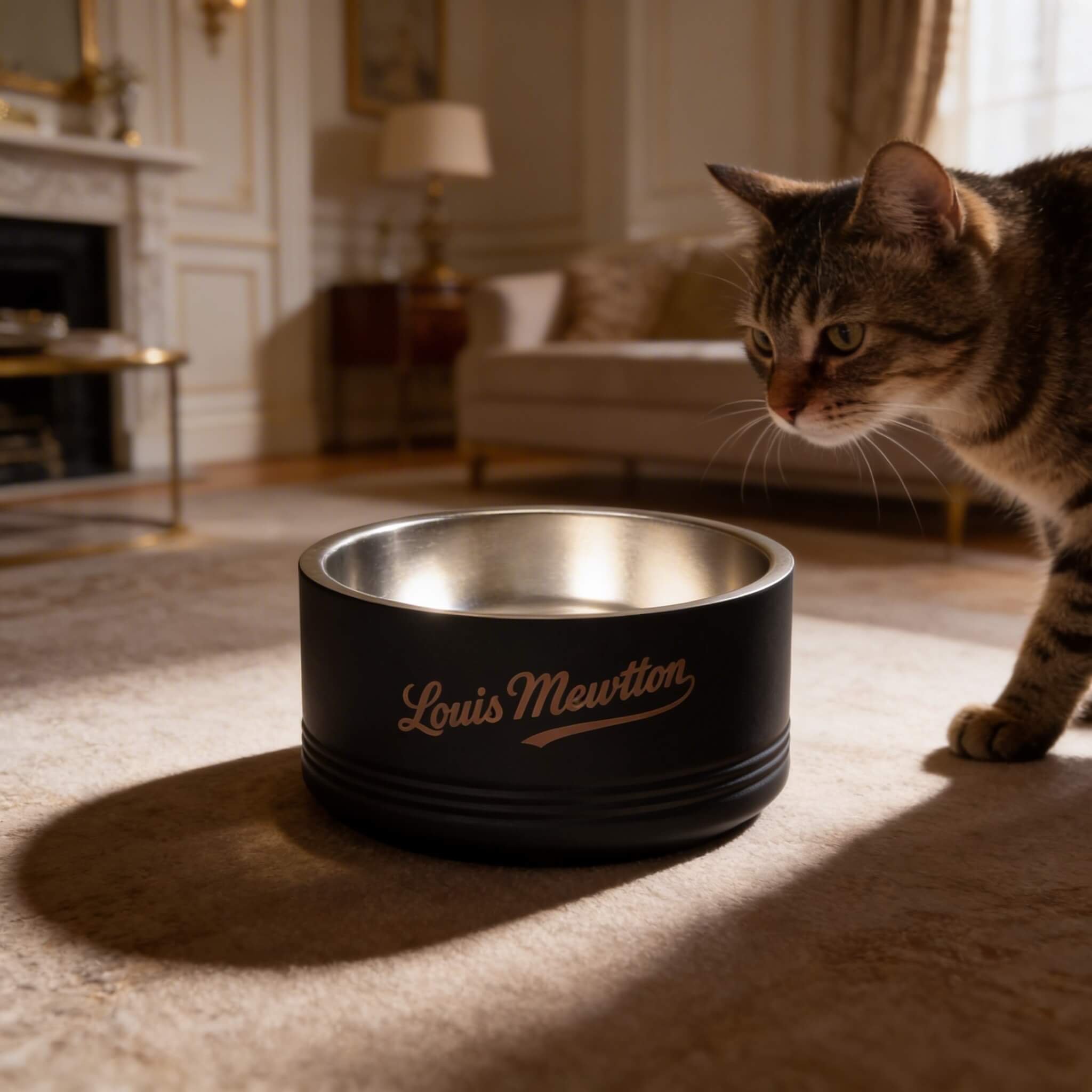 Cat looking at a Louis Mewton designer pet bowl in a luxurious room