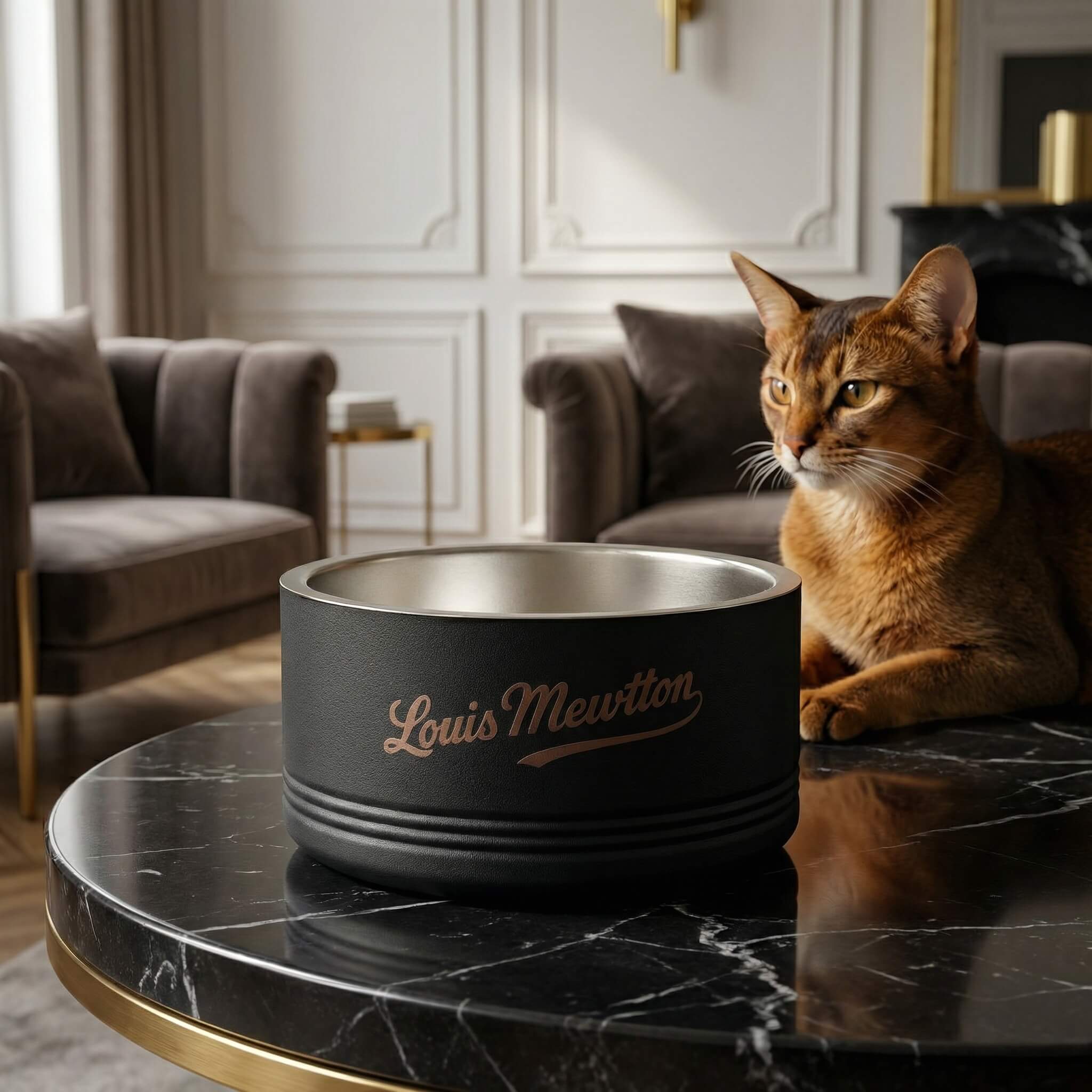 Cat sitting next to a Louis Mewton pet bowl on a marble table in a luxurious living room
