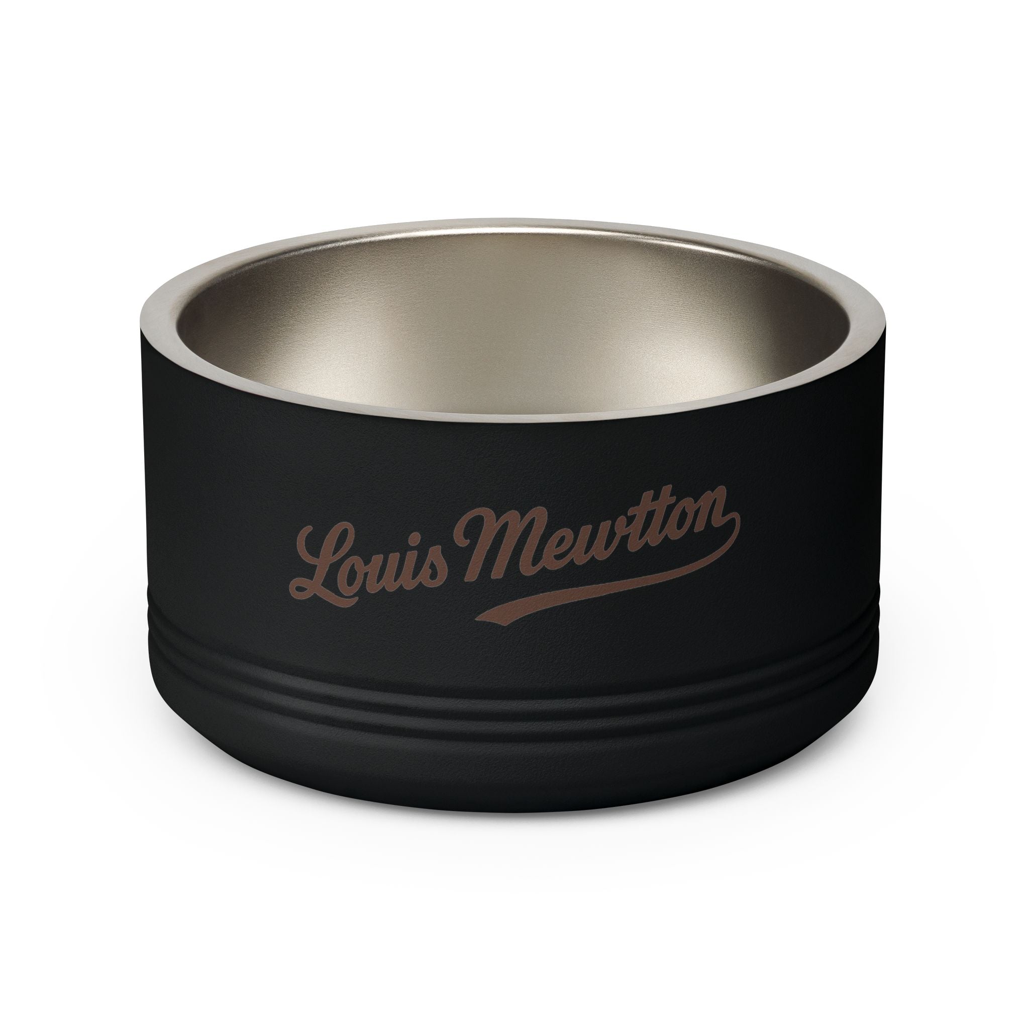 Louis Mewtton Logo Stainless Steel Designer Cat Bowl in black, front view