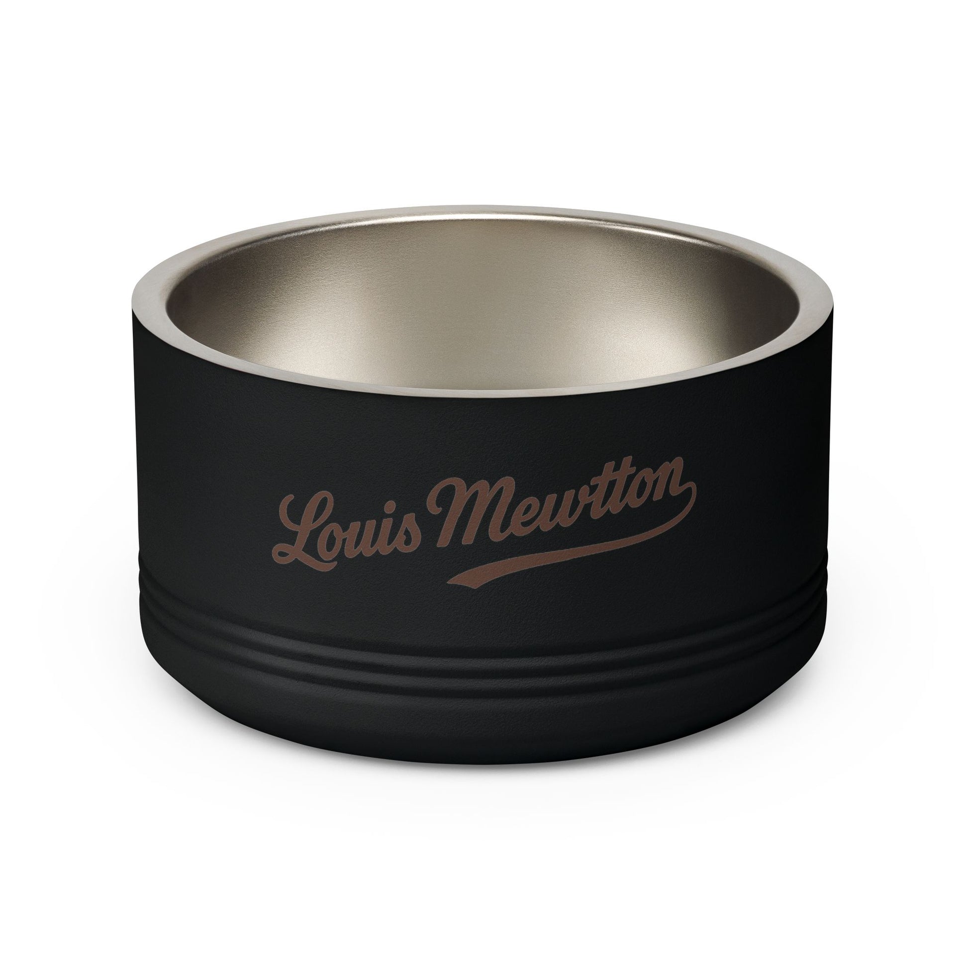 Black stainless steel bowl for cats, designer cat bowl with Louis Mewtton logo