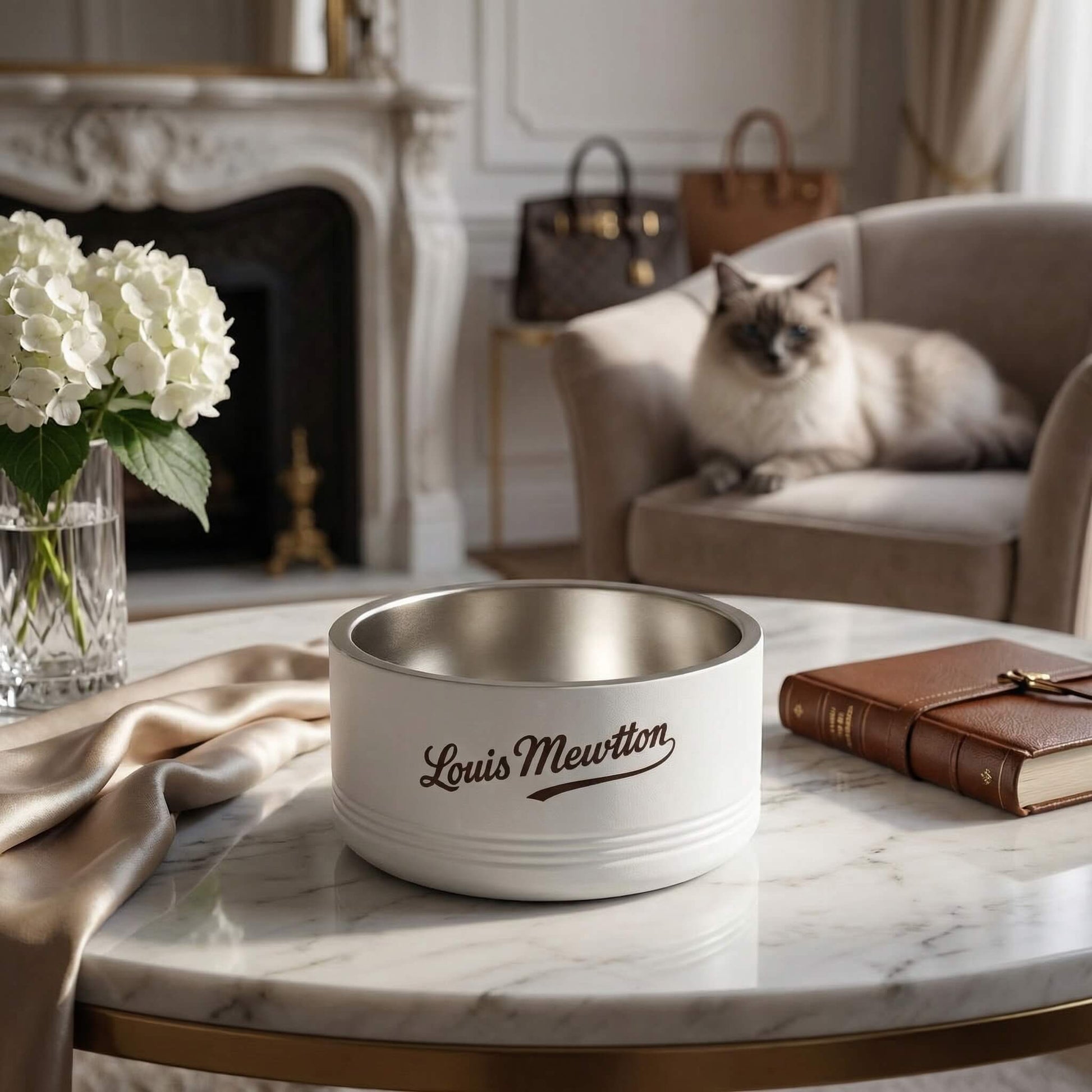 Louis Mewton luxury cat bowl on a marble table with a cat, flowers, and books in the background