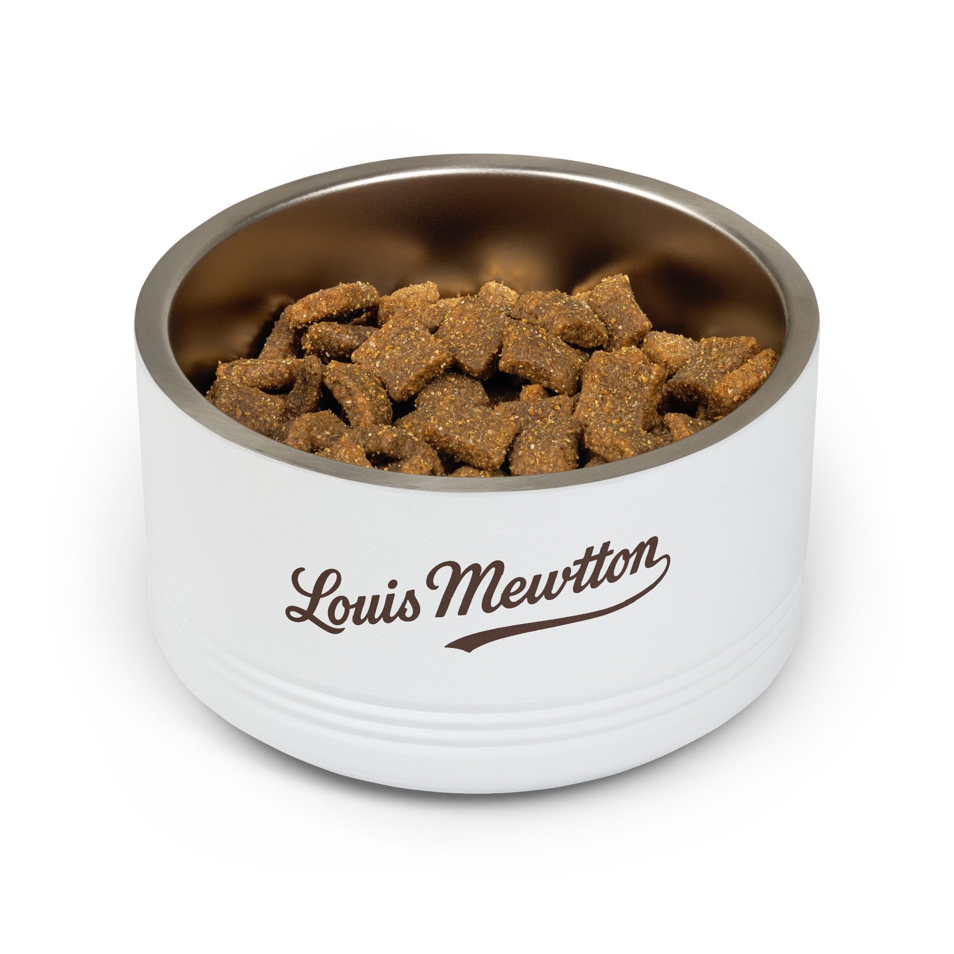 White cat bowl with Louis Mewton branding filled with cat food on a white background