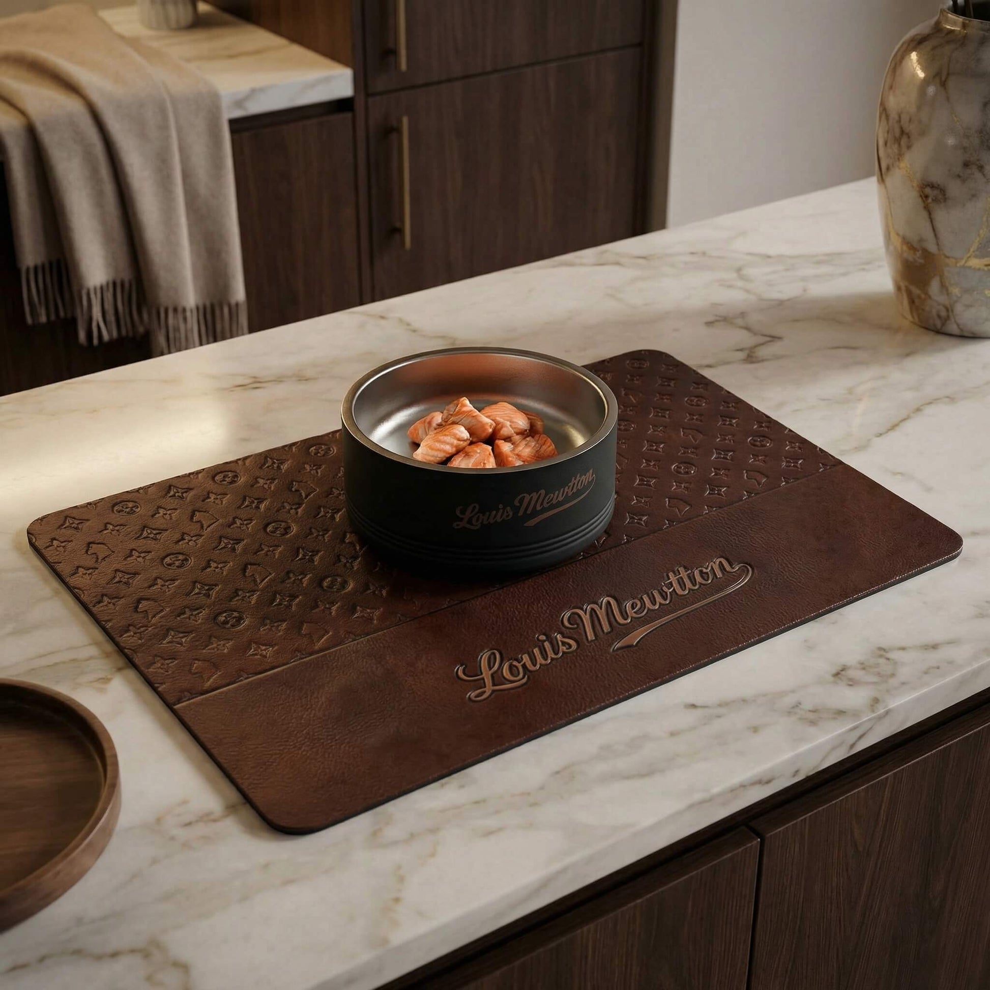 Brown cat food mat with Louis Mewtton logo and bowl in a modern kitchen