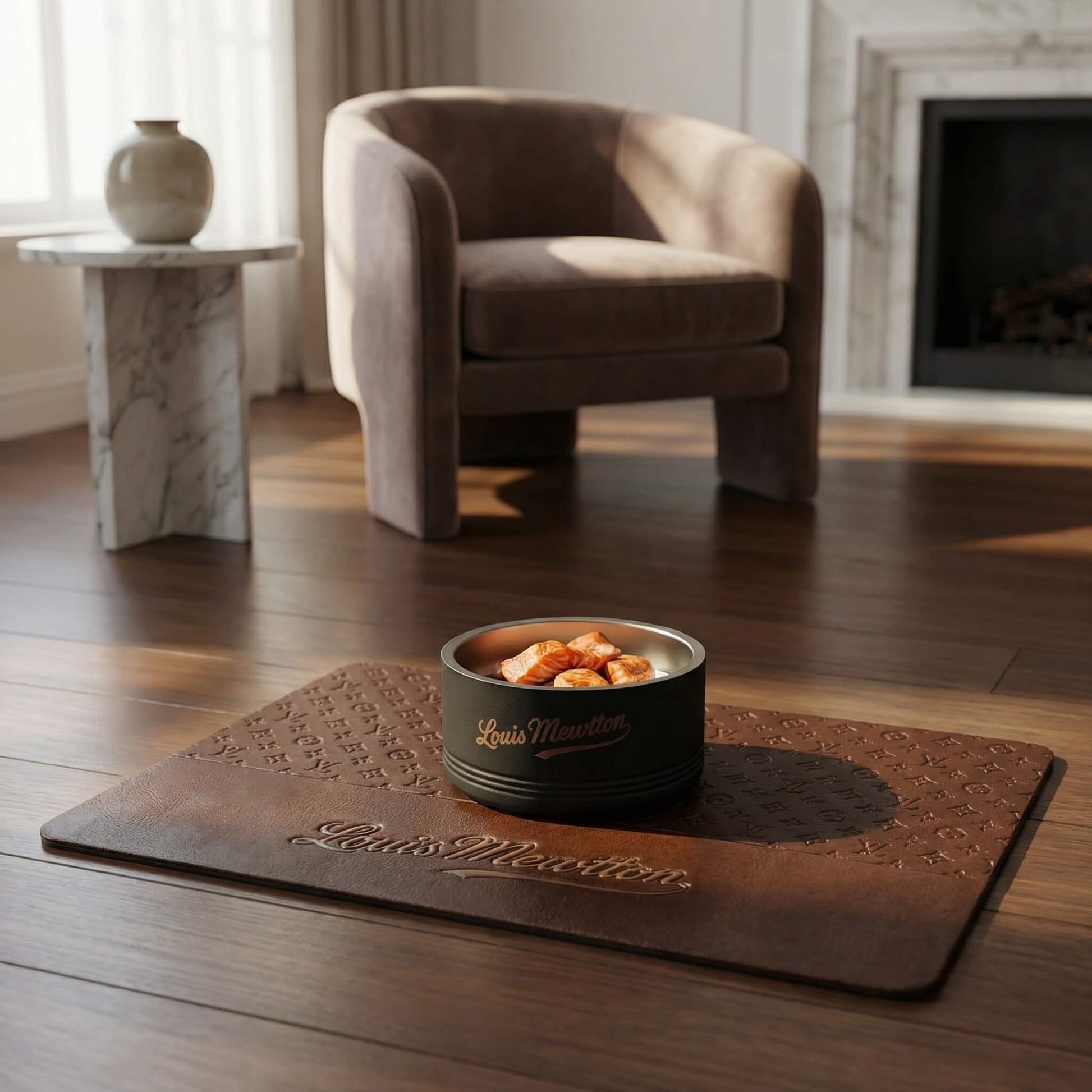 Luxury cat mat with Louis Mewtton designer monogram pattern and stylish cat feeding bowl