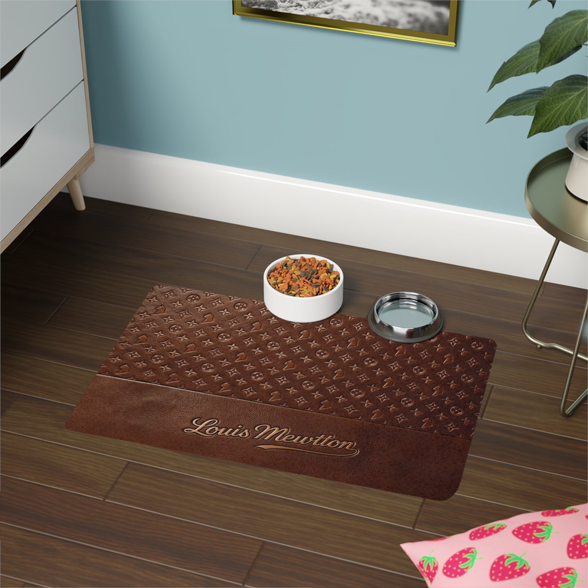 Brown designer cat mat with Louis Mewtton script and monogram style print for food and water bowls