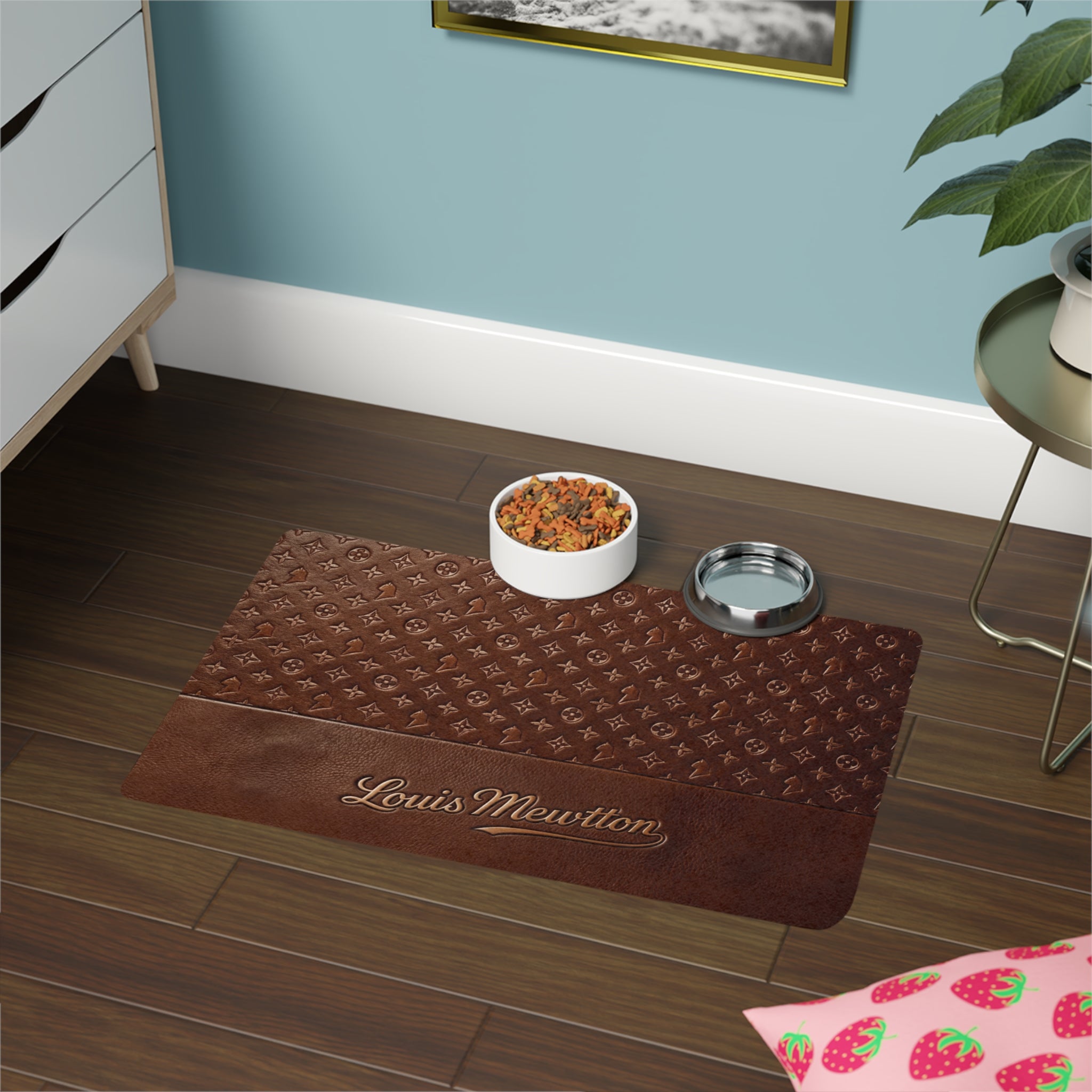 Brown designer cat mat with Louis Mewtton script and monogram style print for food and water bowls