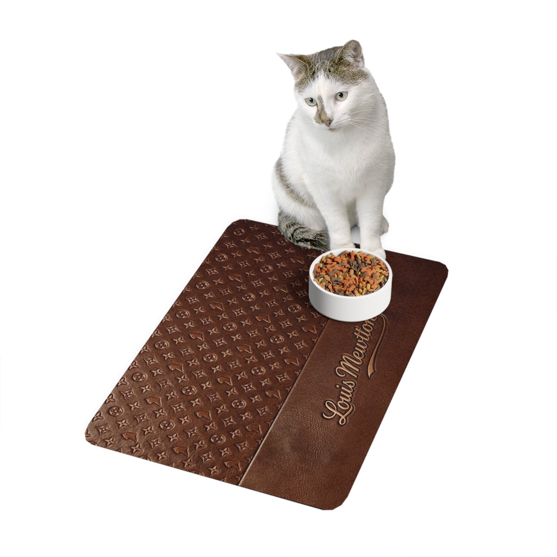 Louis Mewtton designer cat food mat with seated cat and bowl on brown luxury pattern surface