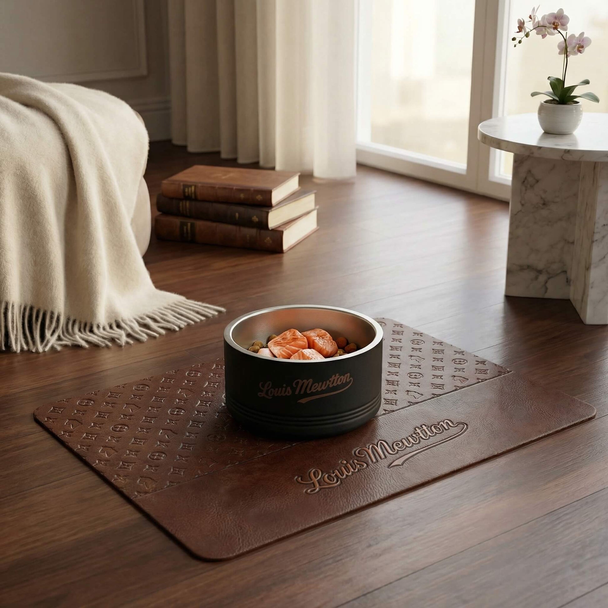 Louis Mewtton designer cat feeding mat in brown with elegant pattern and bowl setup