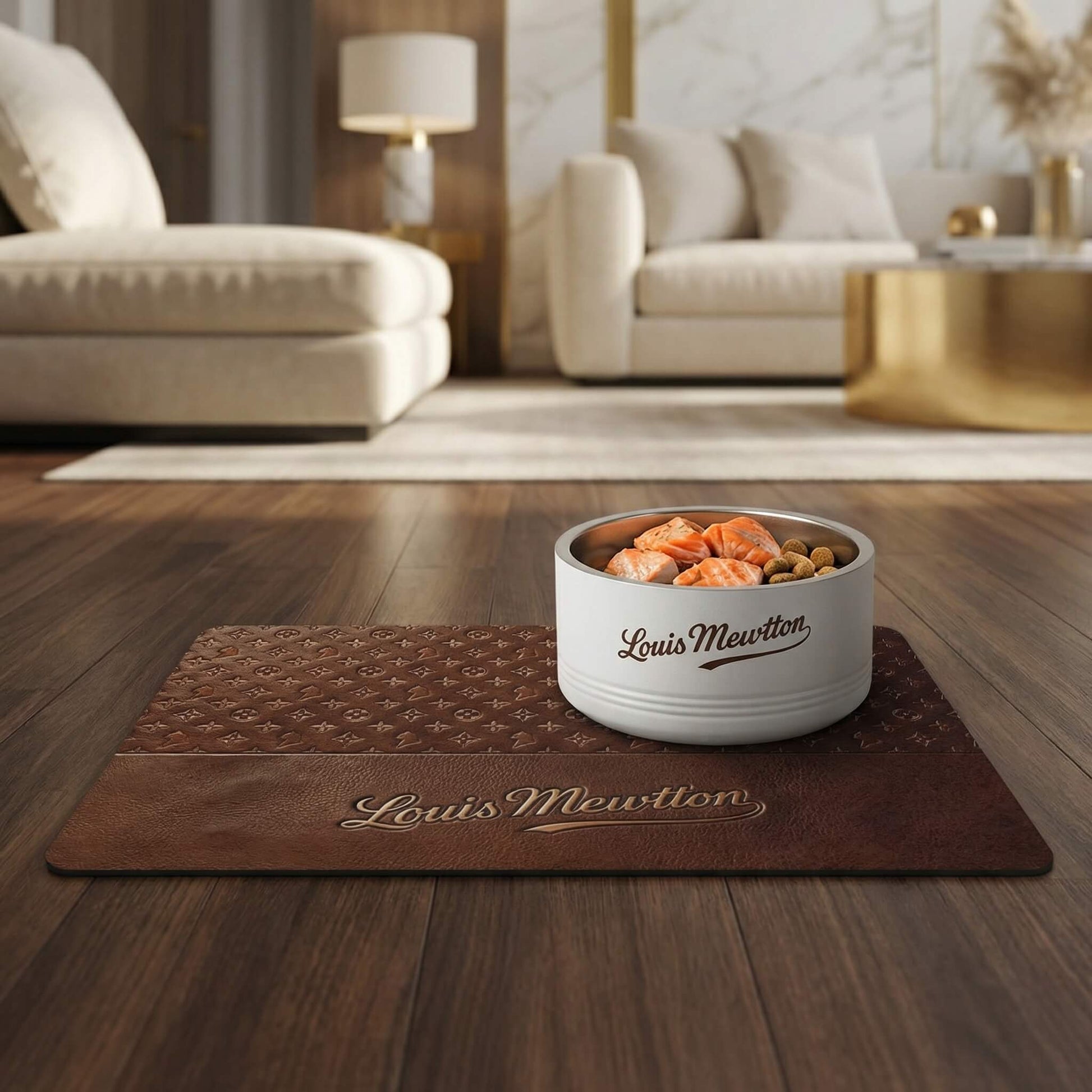 Cat feeding bowl with food on a Louis Mewton designer food mat in a modern living room