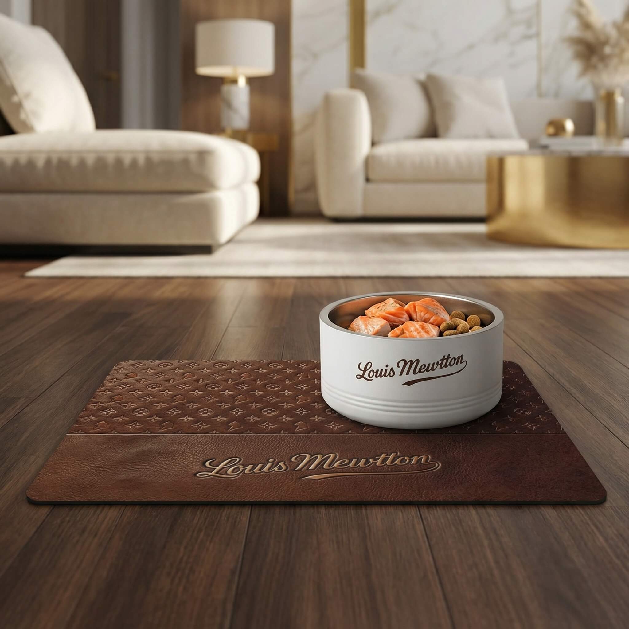 Cat feeding bowl with food on a Louis Mewton designer food mat in a modern living room
