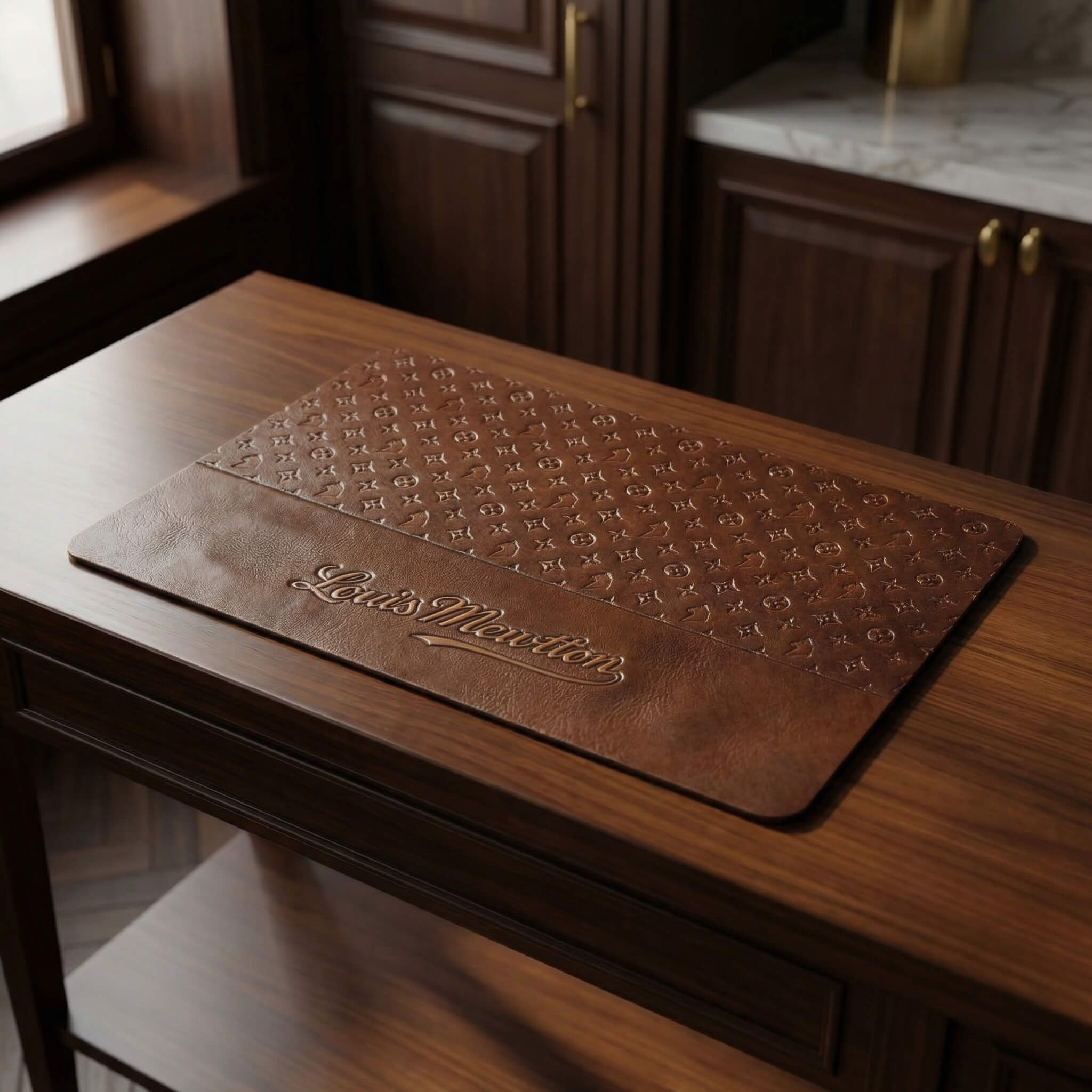 Louis Mewtton cat mat with luxury pattern print in a warm interior setting