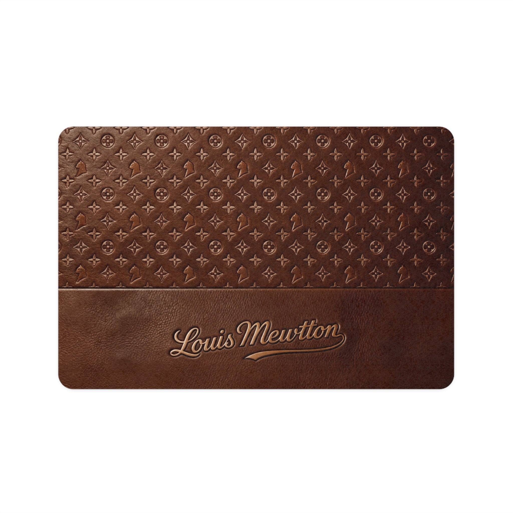 Louis Mewtton designer brown cat mat with luxury monogram pattern and script logo by Mad Cat Cartel