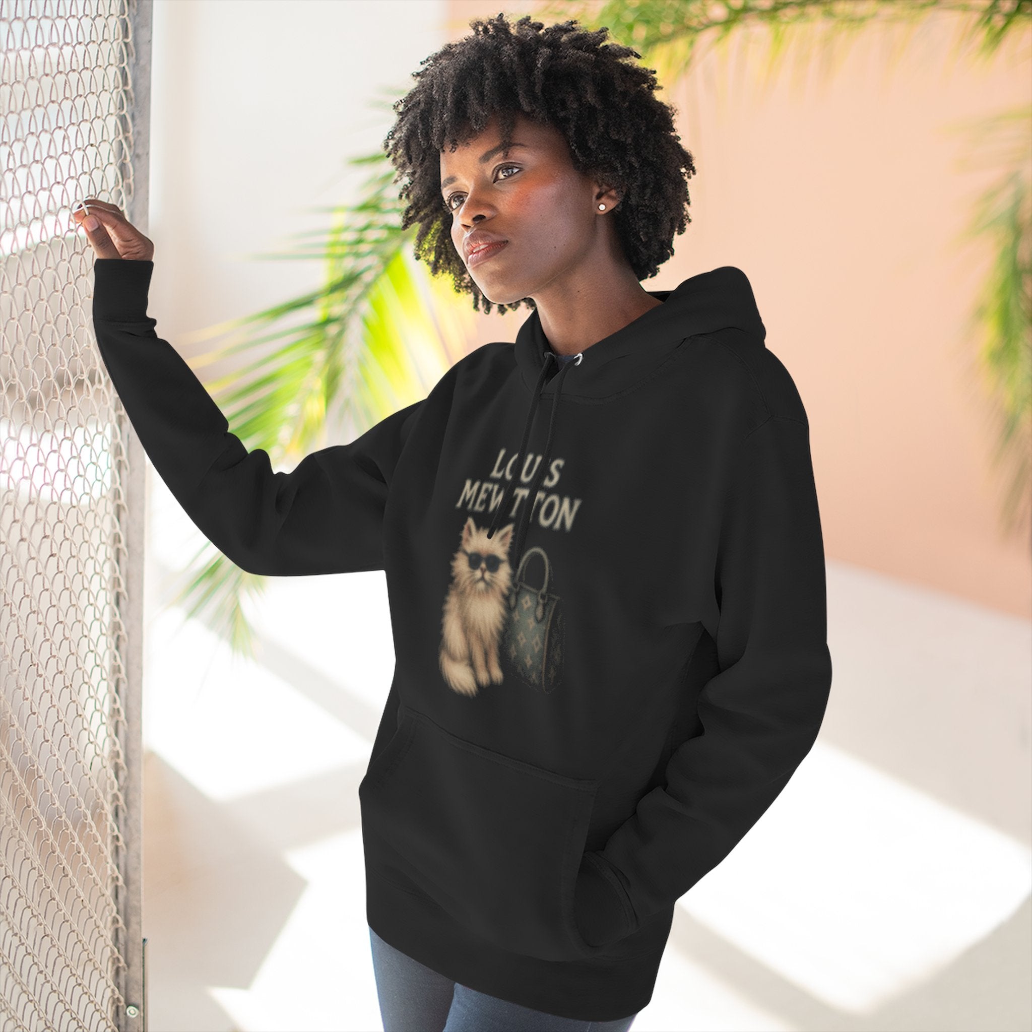 Louis Mewtton Fluffy Couture Cat Graphic Hoodie in black, worn by a female model